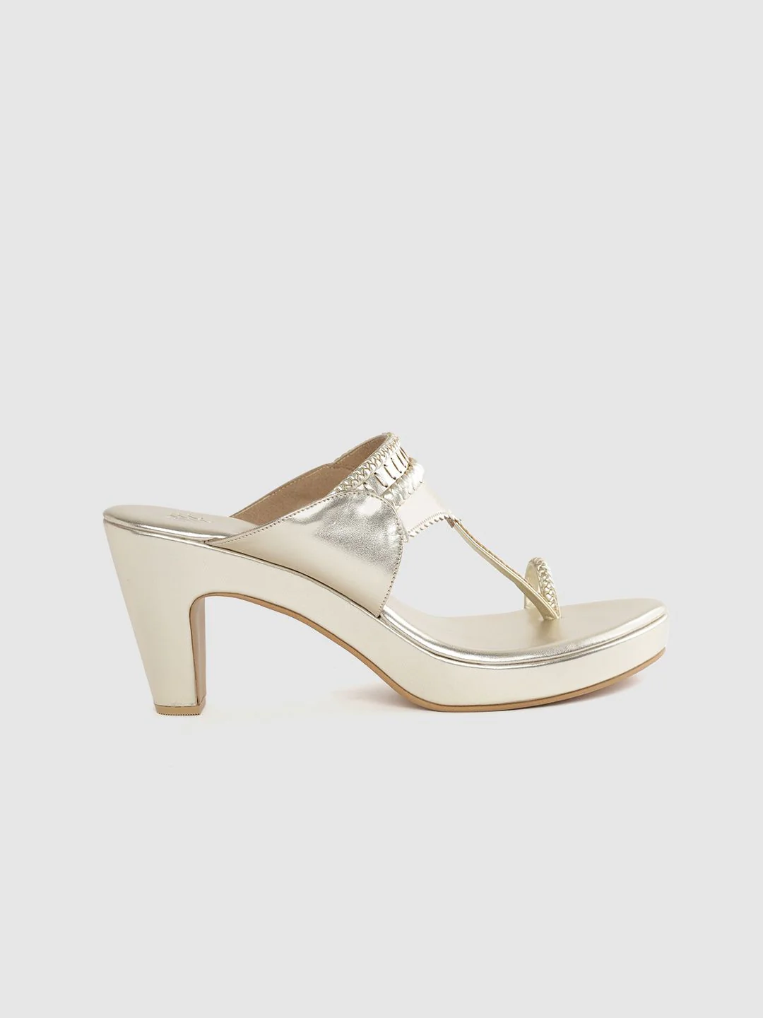 House of Pataudi Women Muted Gold-Toned Braided Handcrafted One Toe Heels - Image 5