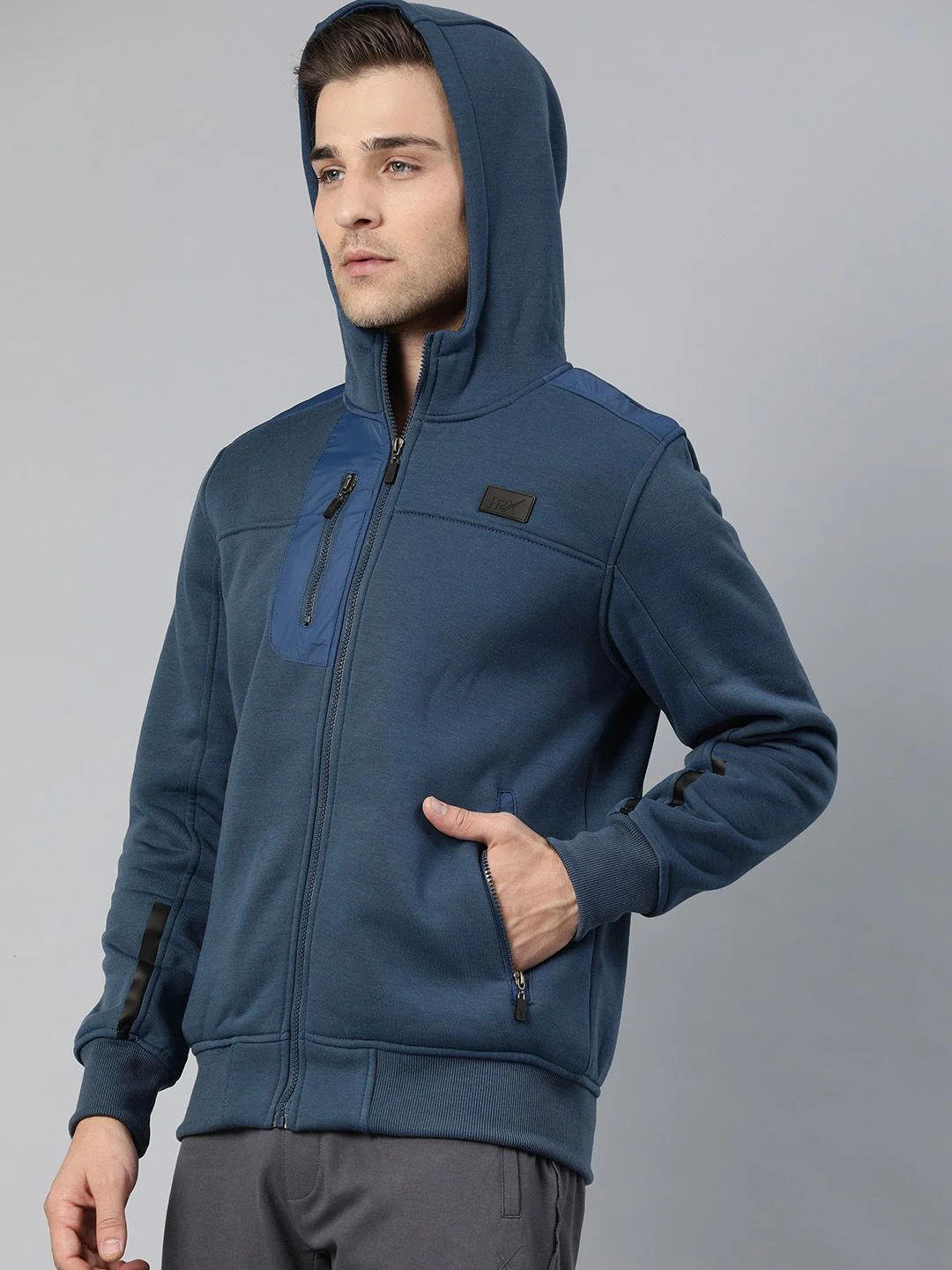 HRX by Hrithik Roshan Men Navy Blue Solid Hooded Bomber Jacket - Image 3