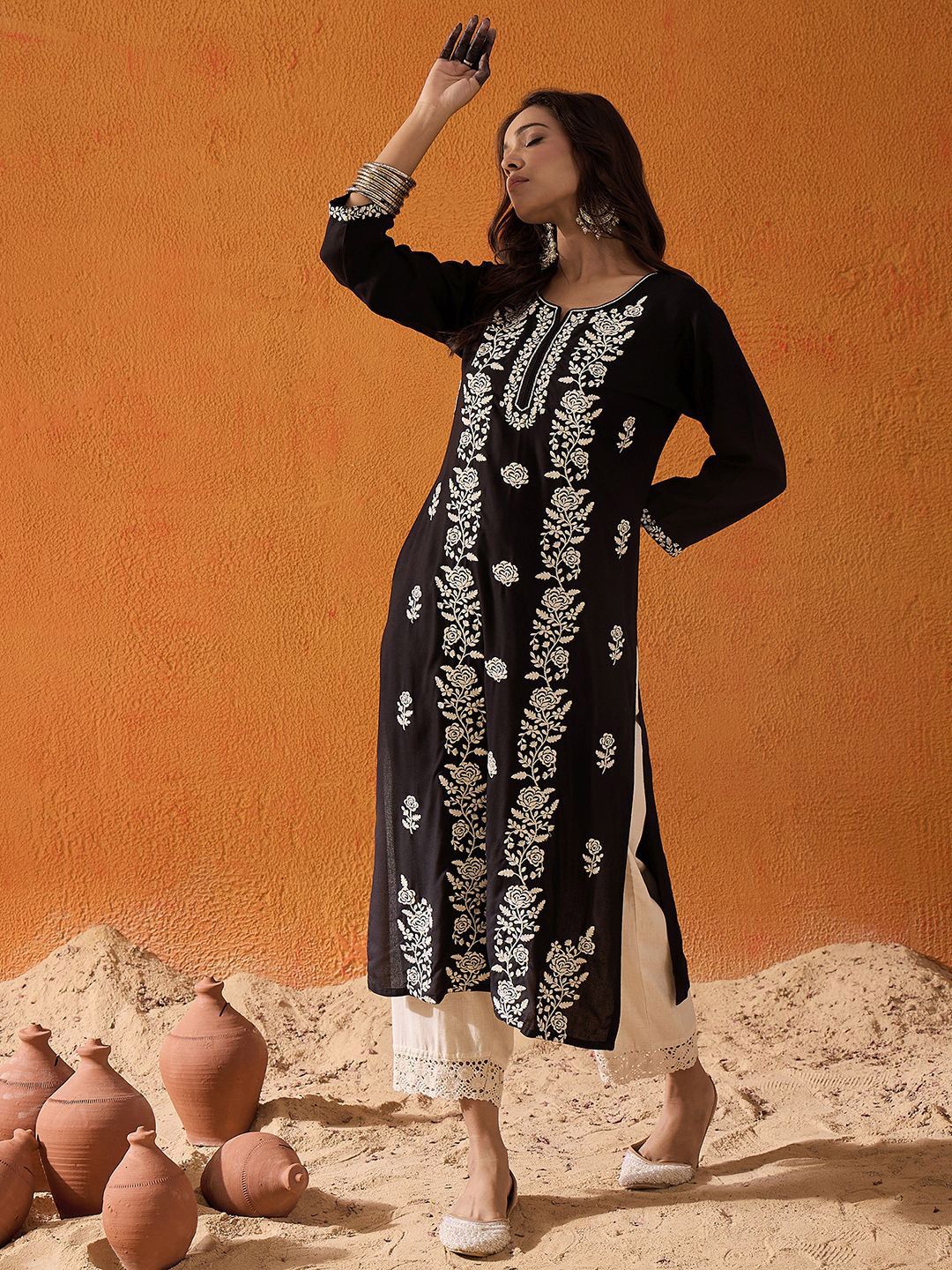 Indo Era Black Floral Embroidered Straight Kurta - Image 3