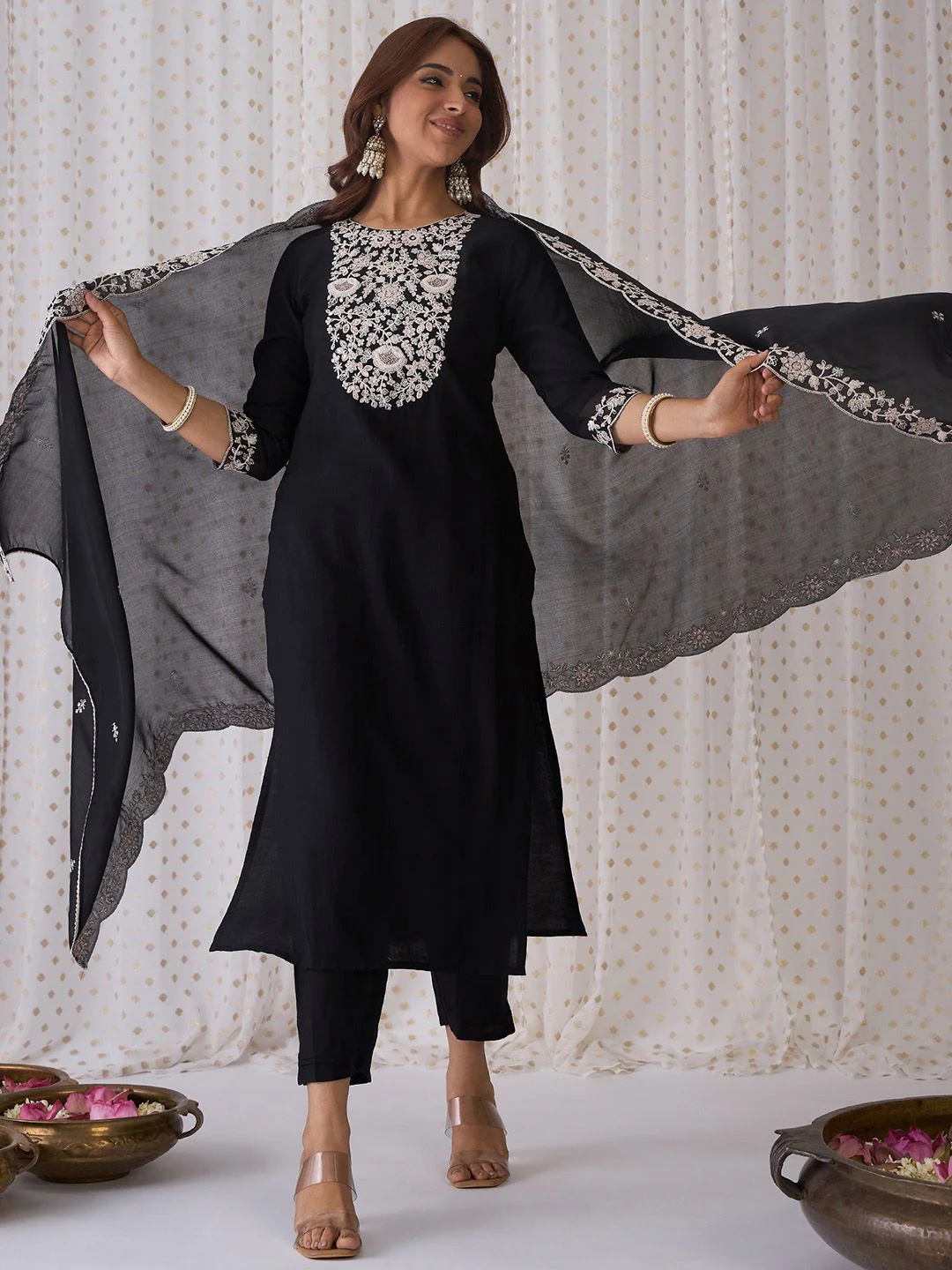 Indo Era Black Floral Embroidered Thread Work Kurta with Trousers & Dupatta - Image 2
