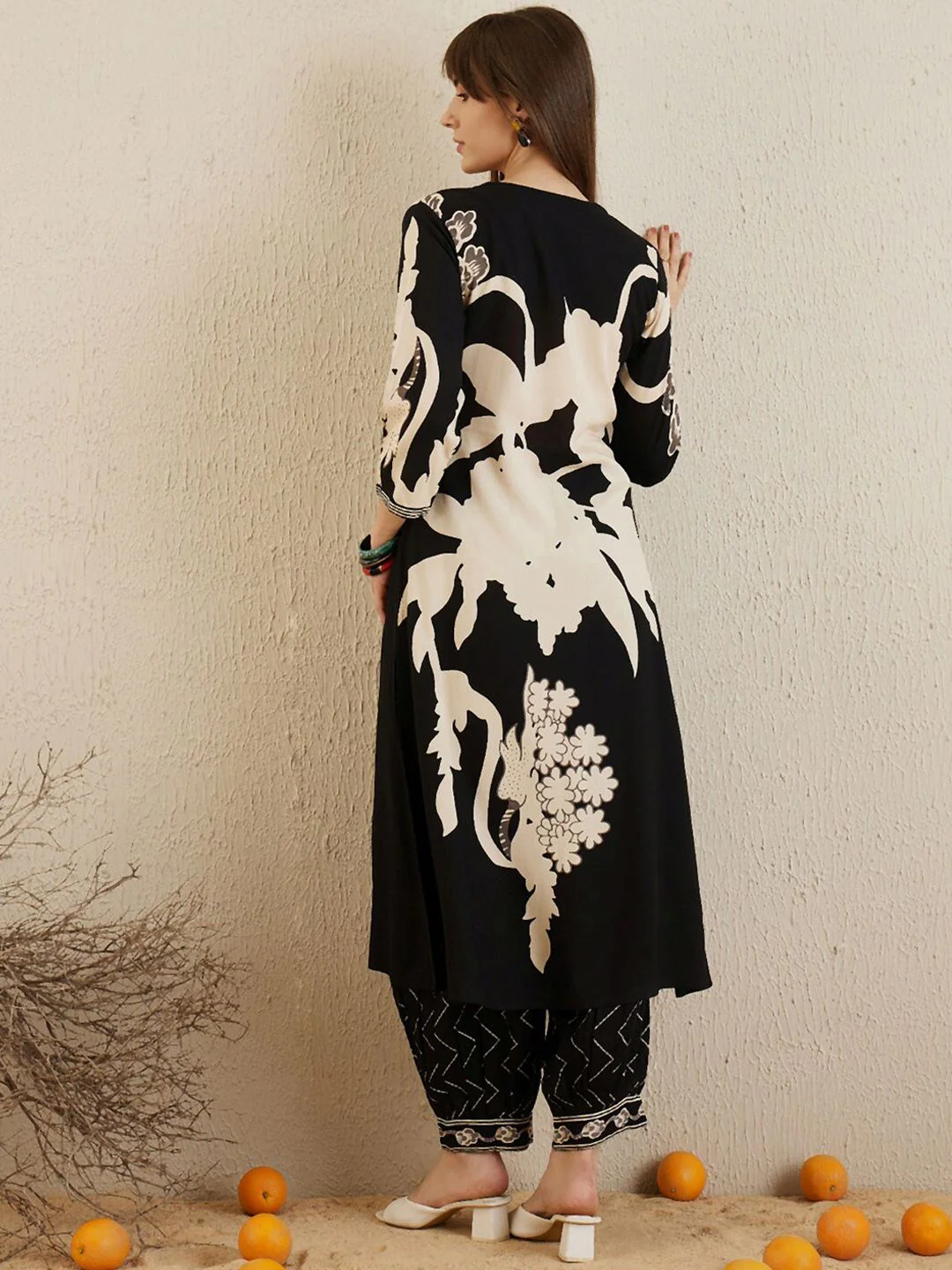 Indo Era Black Floral Printed V-Neck Sequinned A-Line Kurta With Salwar - Image 5