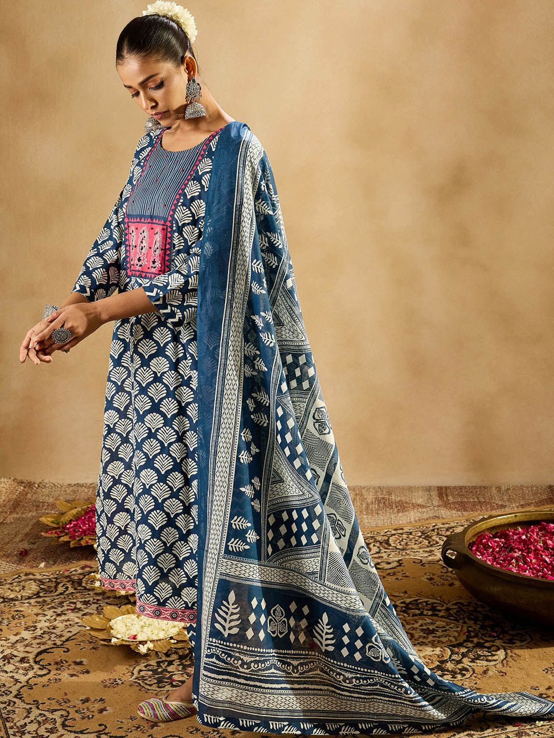 Indo Era Blue Ethnic Motifs Printed Straight Round Neck Thread Work Pure Cotton Kurta Set - Image 3