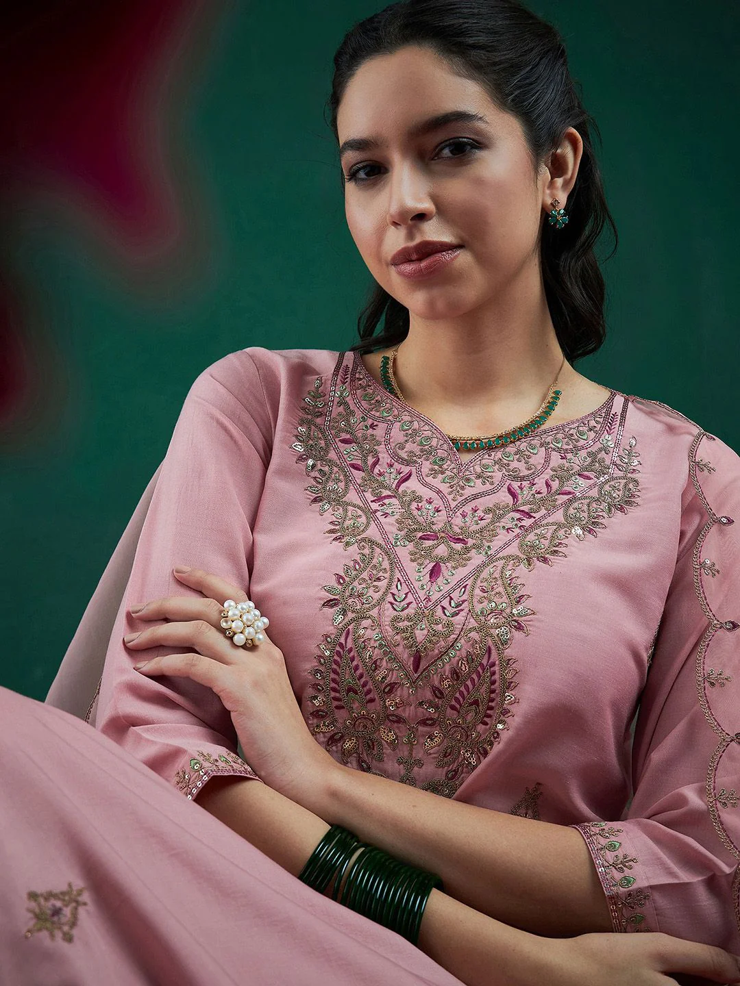 Indo Era Embroidered Regular Sequinned Straight Kurta With Trousers & Dupatta - Image 2