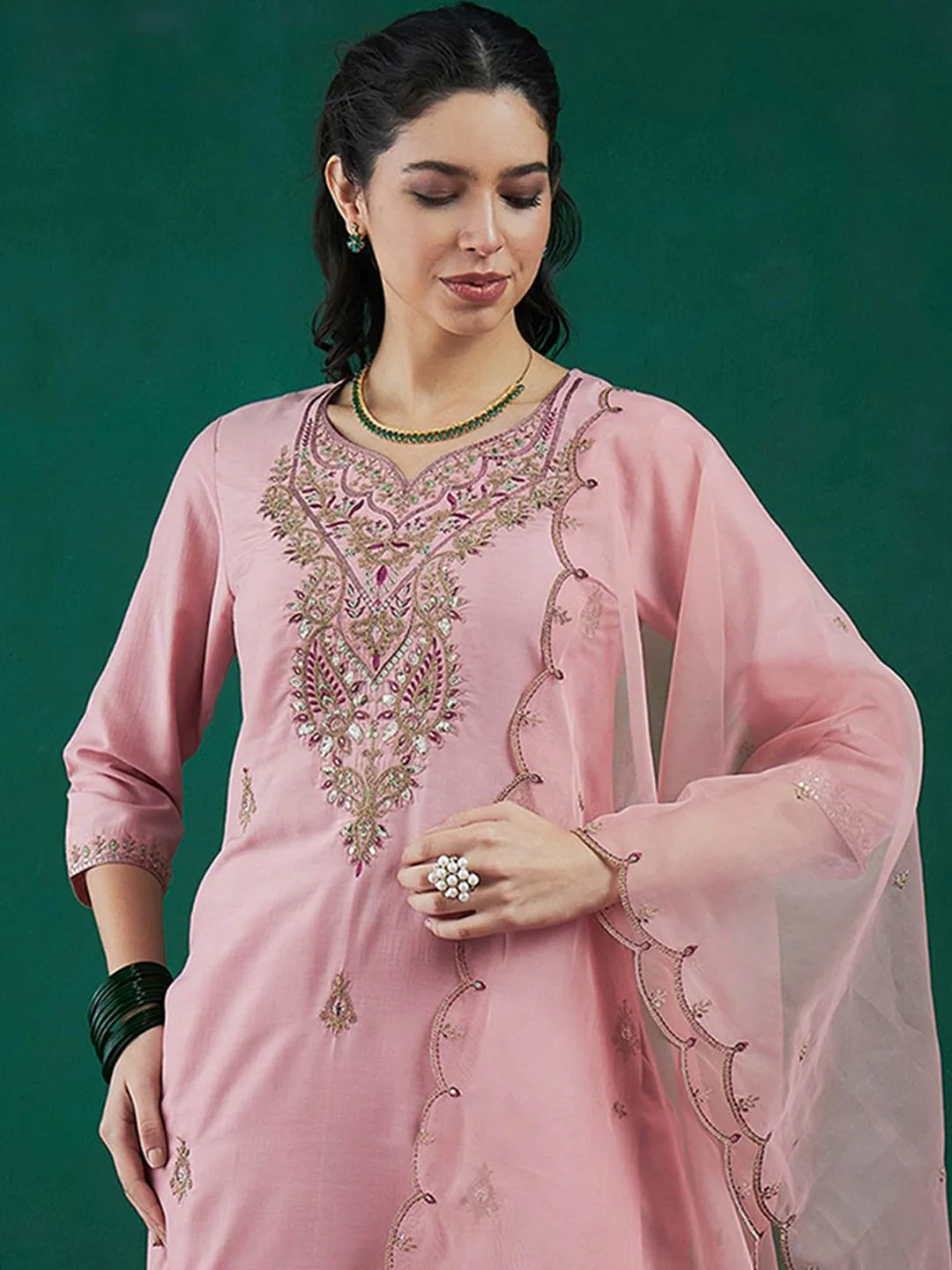 Indo Era Embroidered Regular Sequinned Straight Kurta With Trousers & Dupatta - Image 4