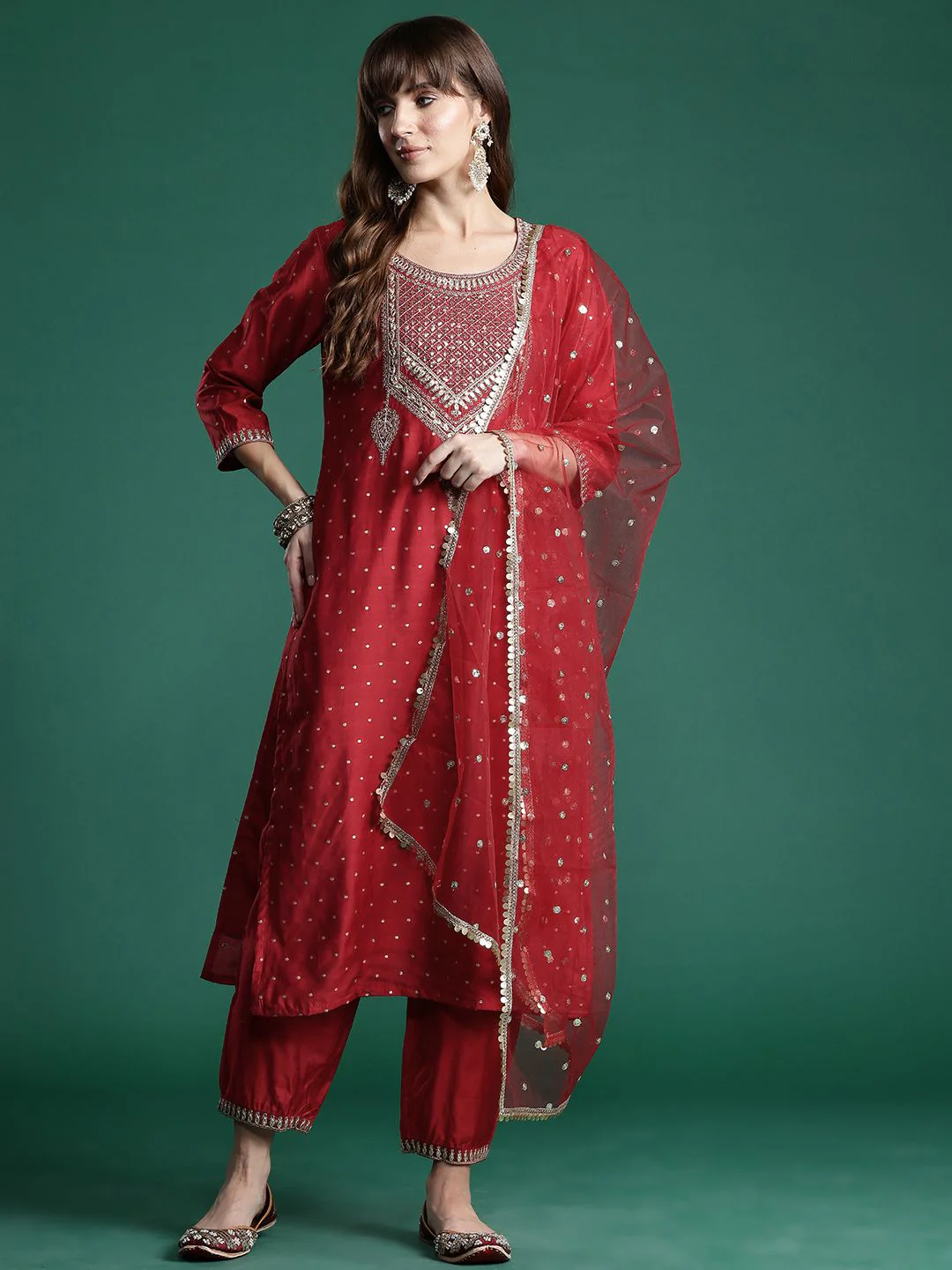 Indo Era Embroidered Sequinned Kurta With Trousers & Dupatta - Image 2