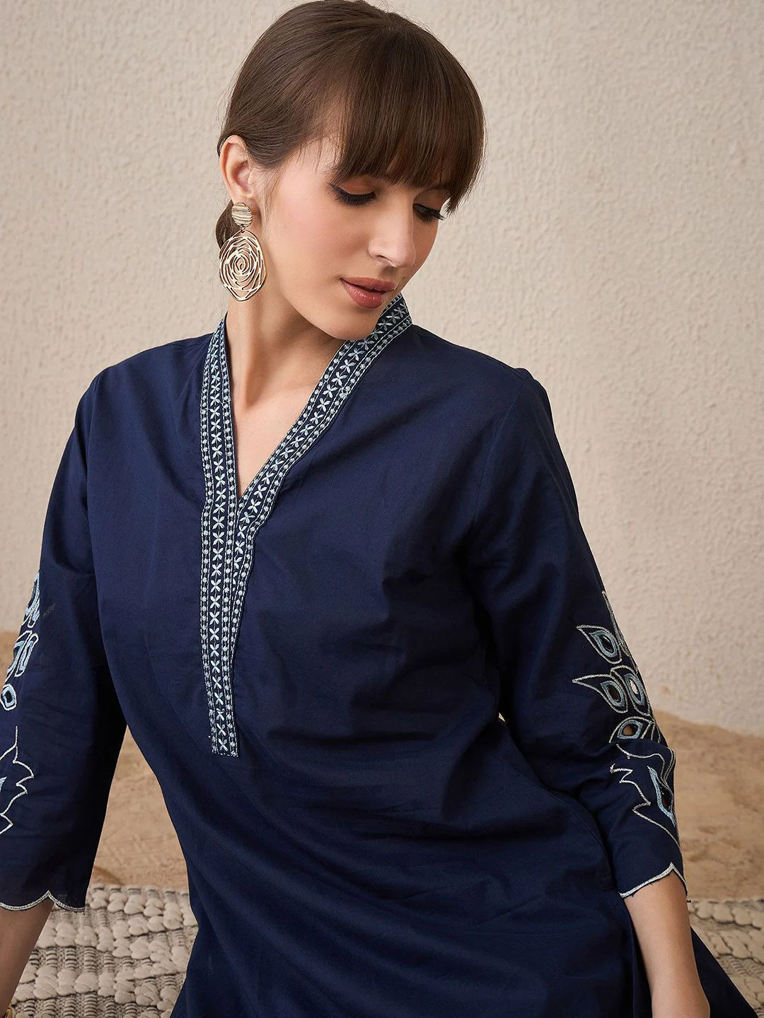 Indo Era Embroidered Three-Quarter Sleeves Pure Cotton Tunic With Trouser - Image 5