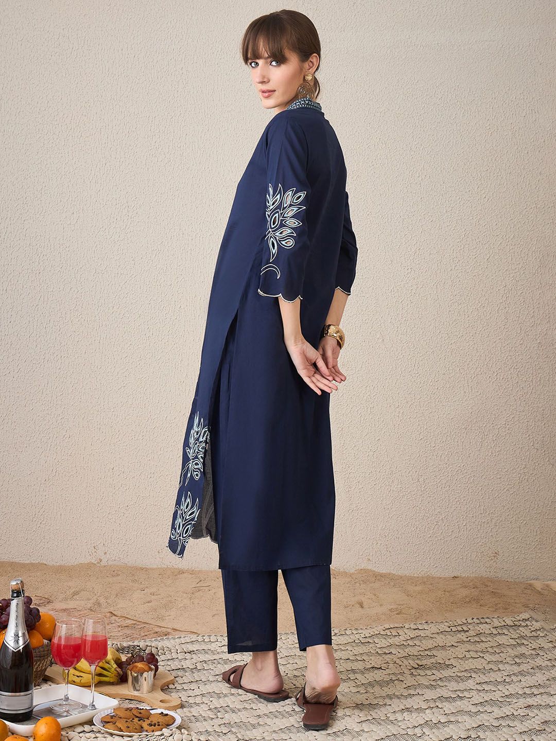 Indo Era Embroidered Three-Quarter Sleeves Pure Cotton Tunic With Trouser - Image 7