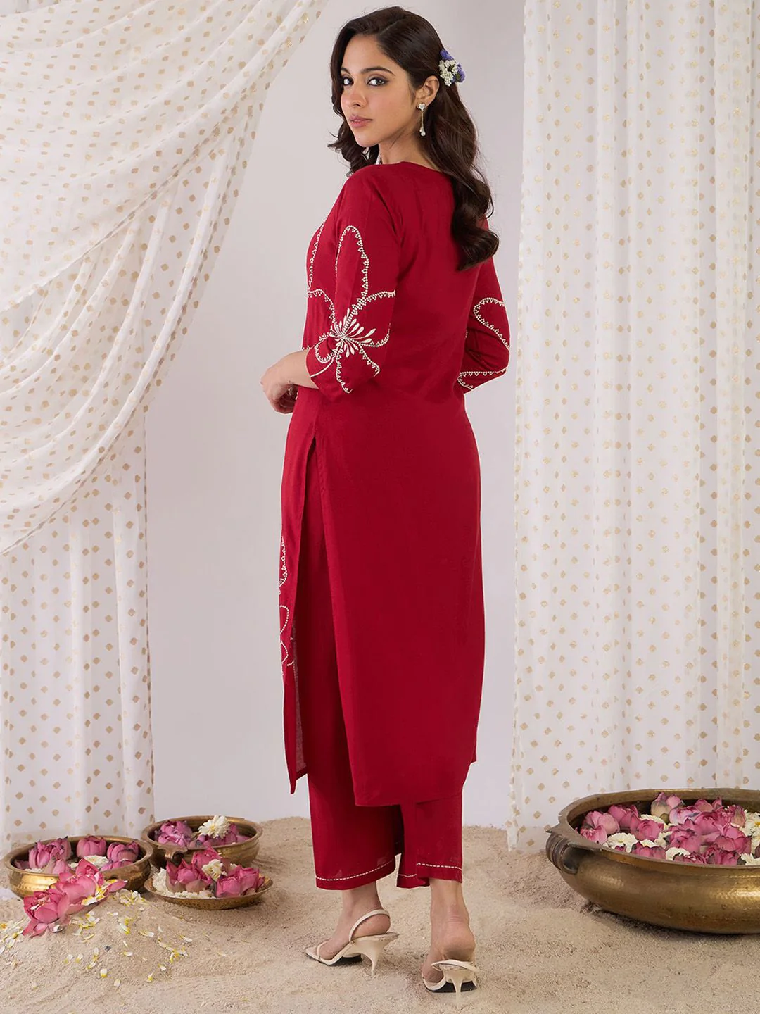 Indo Era Embroidered Three-Quarter Sleeves Tunic With Palazzo - Image 4