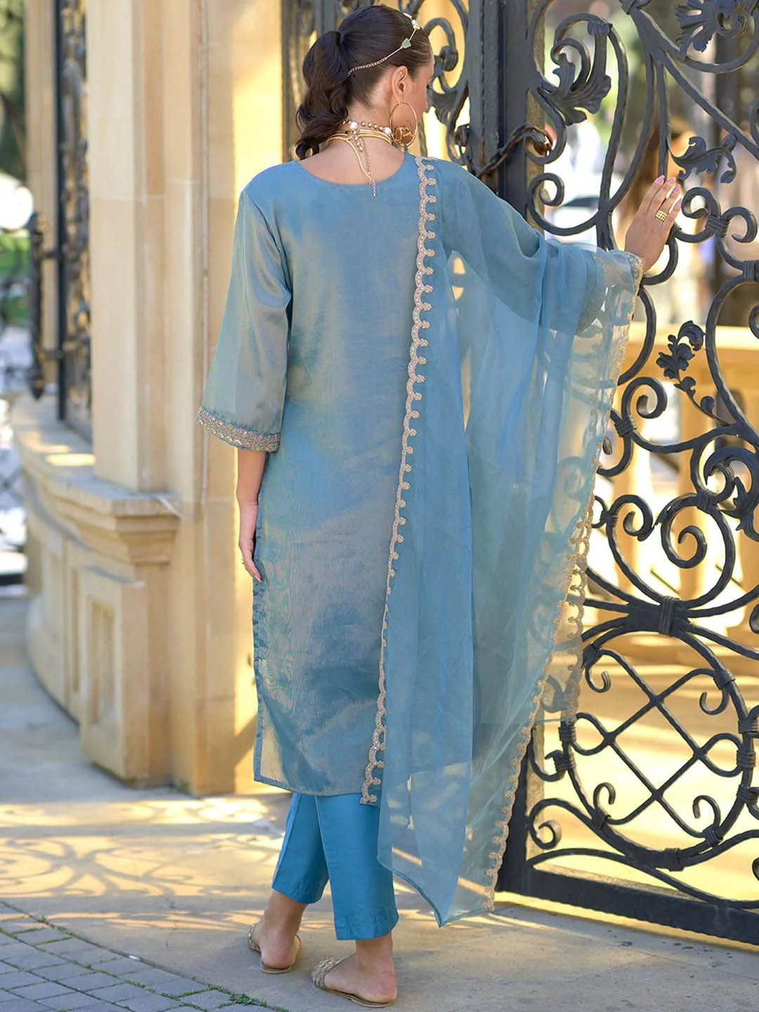 Indo Era Ethnic Motifs Embroidered Sequinned Straight Kurta With Trousers & Dupatta - Image 5