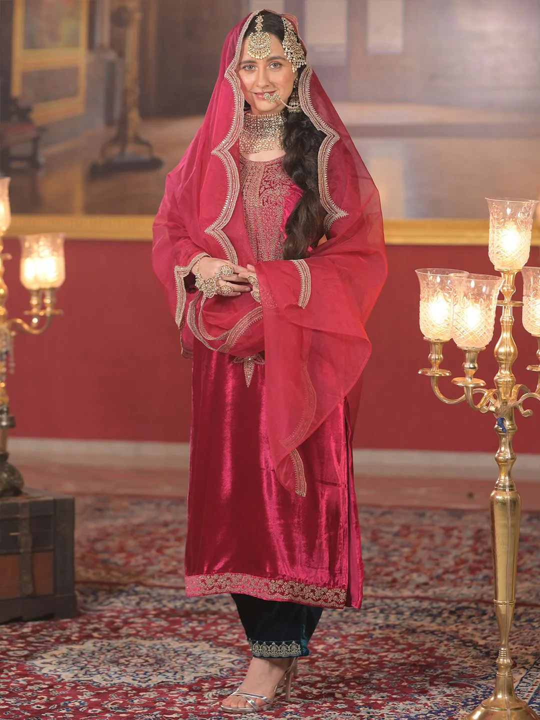 Indo Era Ethnic Motifs Embroidered Sequinned Velvet Kurta With Trousers & Dupatta - Image 5