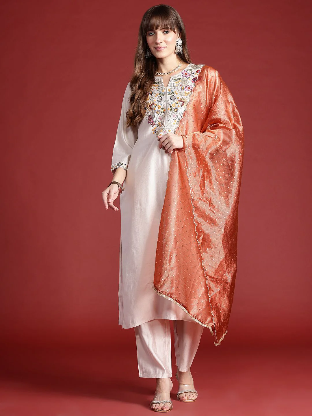 Indo Era Ethnic Motifs Embroidered Thread Work Liva Kurta With Trousers & Dupatta - Image 2