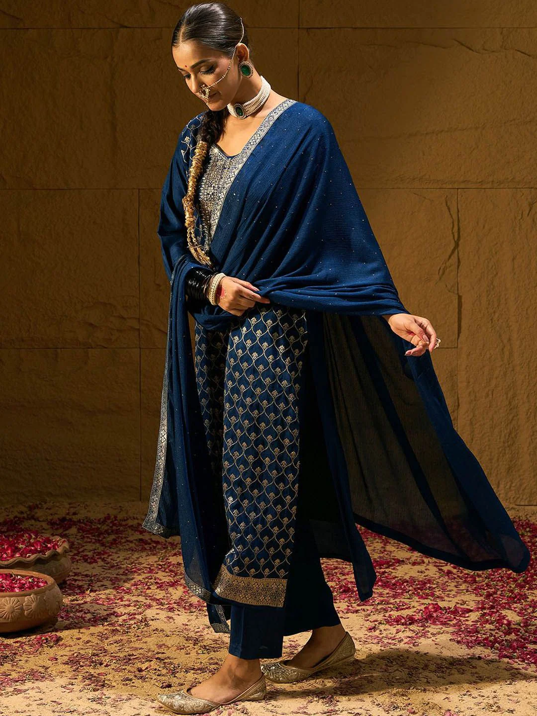 Indo Era Ethnic Motifs Embroidered V-Neck Jacquard Straight Kurta With Trousers & Dupatta - Image 4