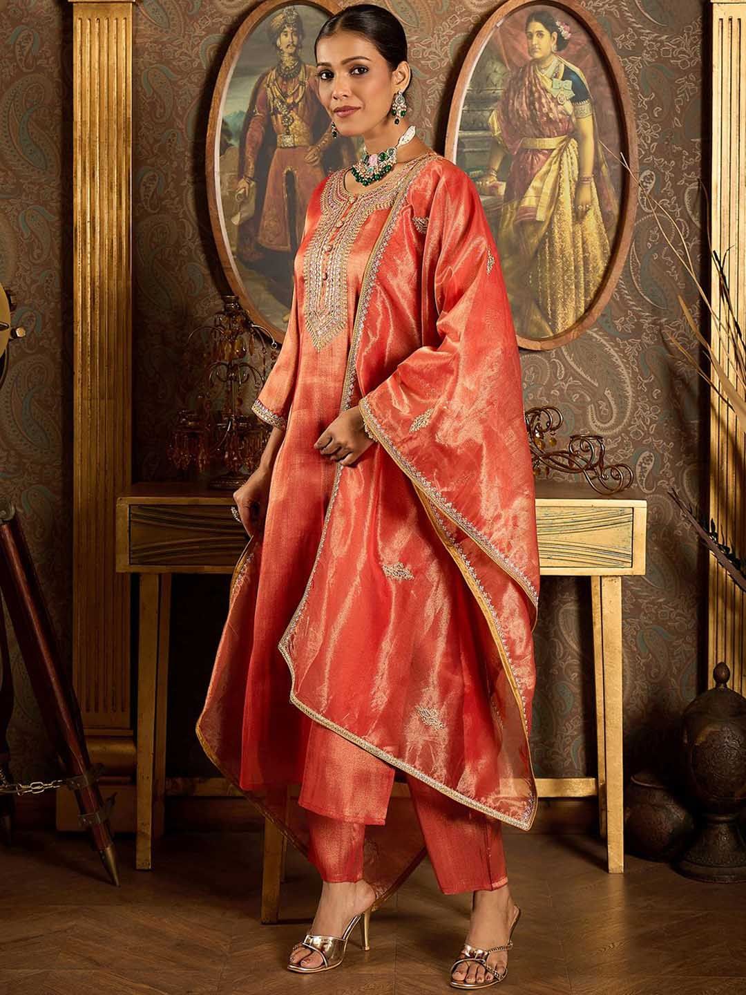 Indo Era Ethnic Motifs Embroidered Zari Liva Kurta With Trousers & Dupatta - Image 4