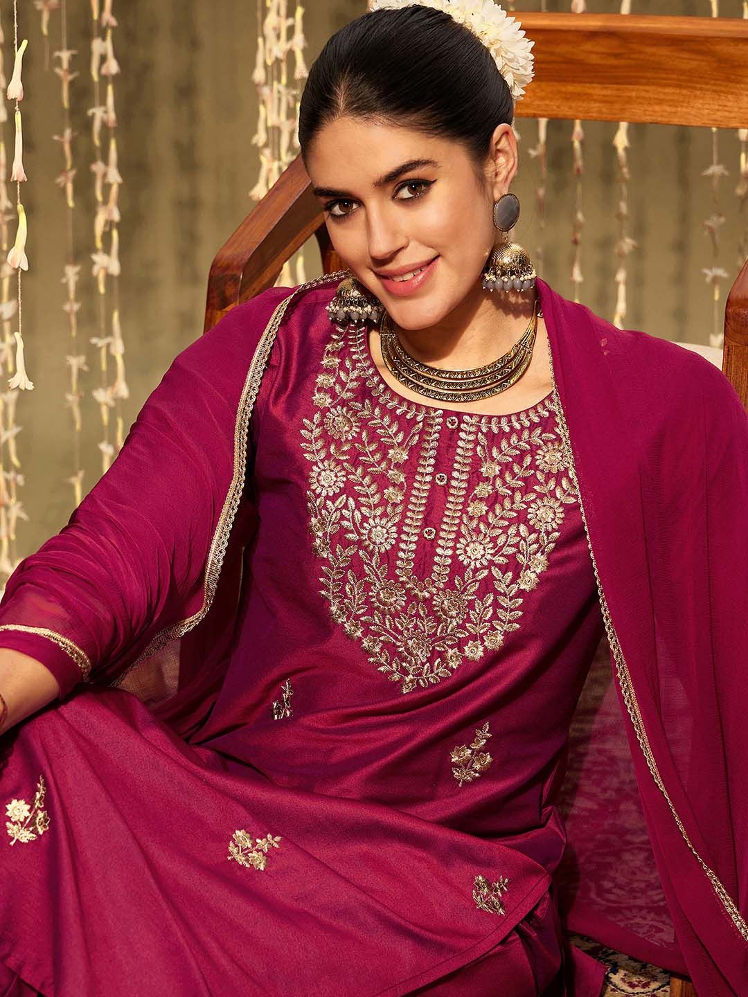 Indo Era Ethnic Motifs Embroidered Zari Straight Kurta With Trousers & Dupatta - Image 2