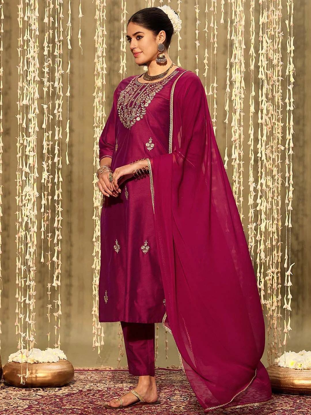 Indo Era Ethnic Motifs Embroidered Zari Straight Kurta With Trousers & Dupatta - Image 4