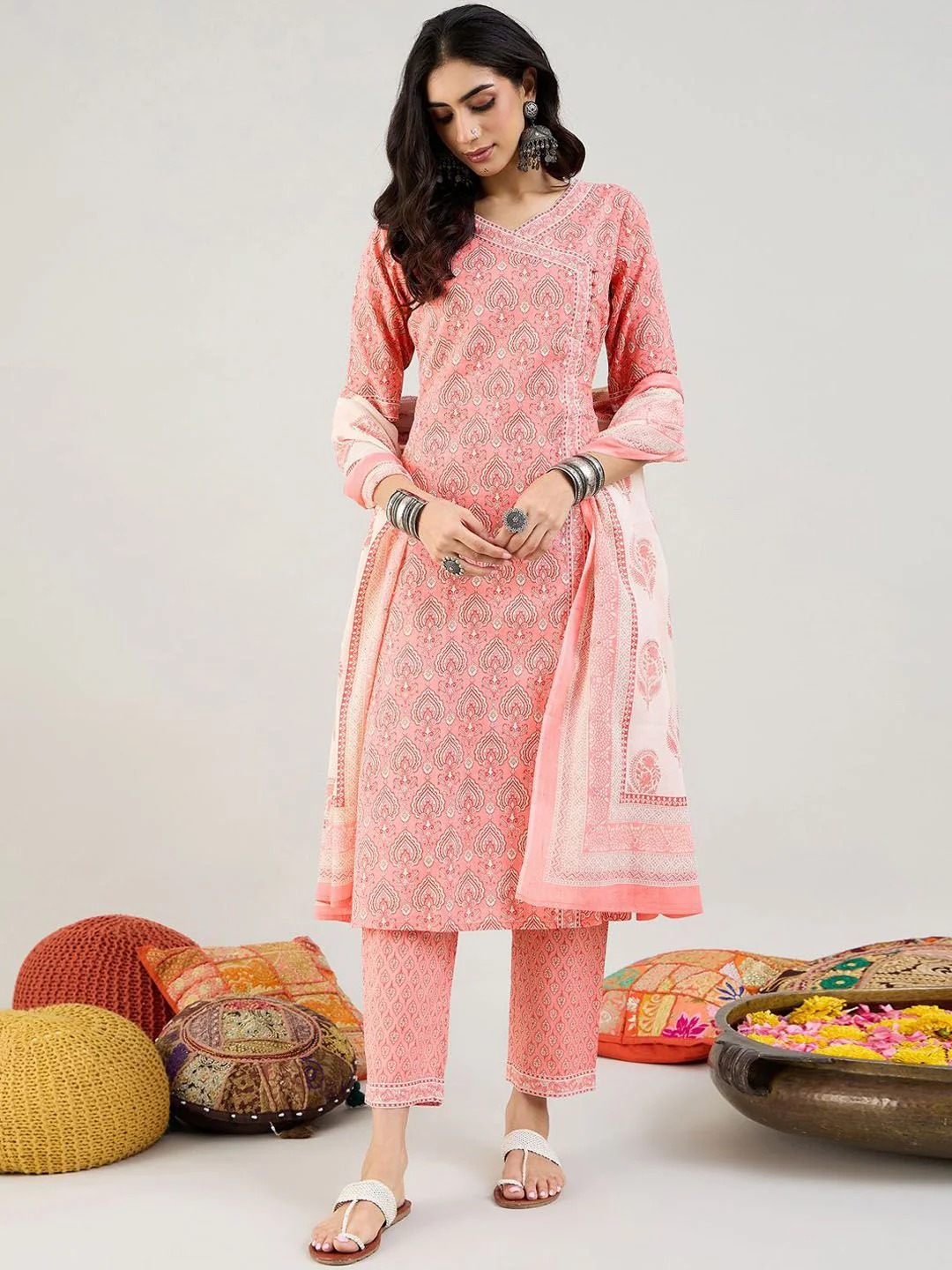 Indo Era Ethnic Motifs Printed Angrakha Pure Cotton Kurta With Trousers & Dupatta - Image 2