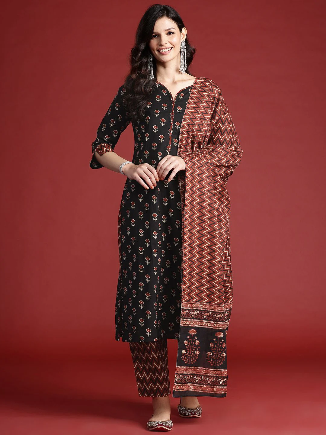 Indo Era Ethnic Motifs Printed Pure Cotton Kurta With Trousers & Dupatta - Image 2