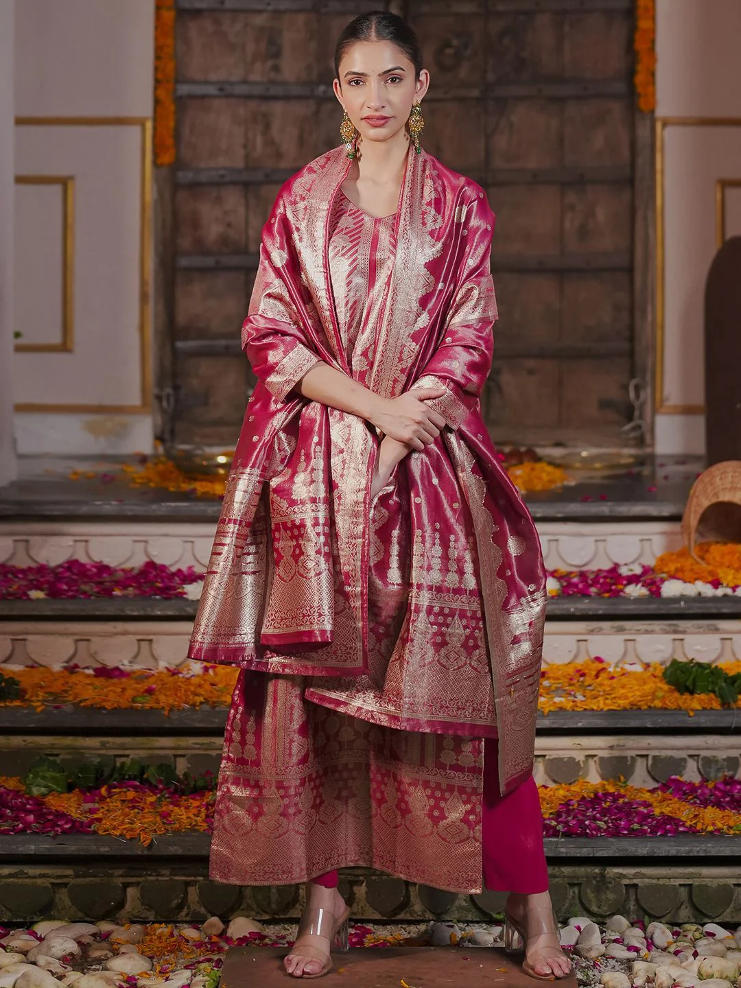 Indo Era Ethnic Motifs Woven Design Straight Kurta with Trousers & With Dupatta