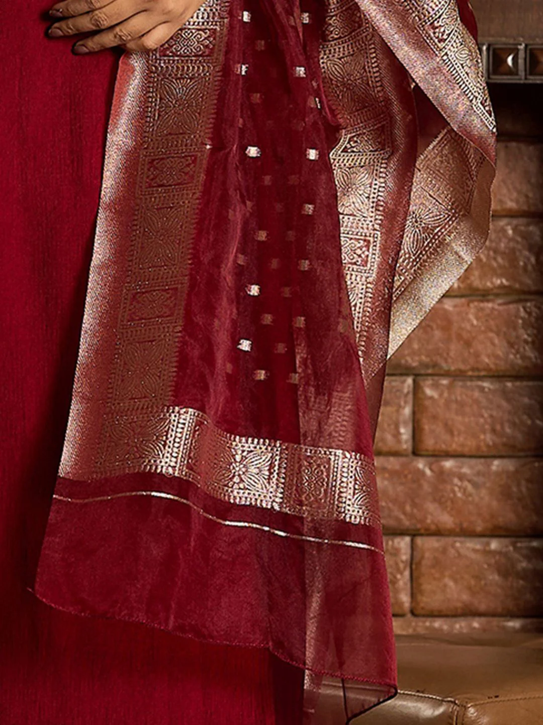 Indo Era Ethnic Motifs Zari Embroidered Liva Kurta with Trouser & Dupatta - Image 5