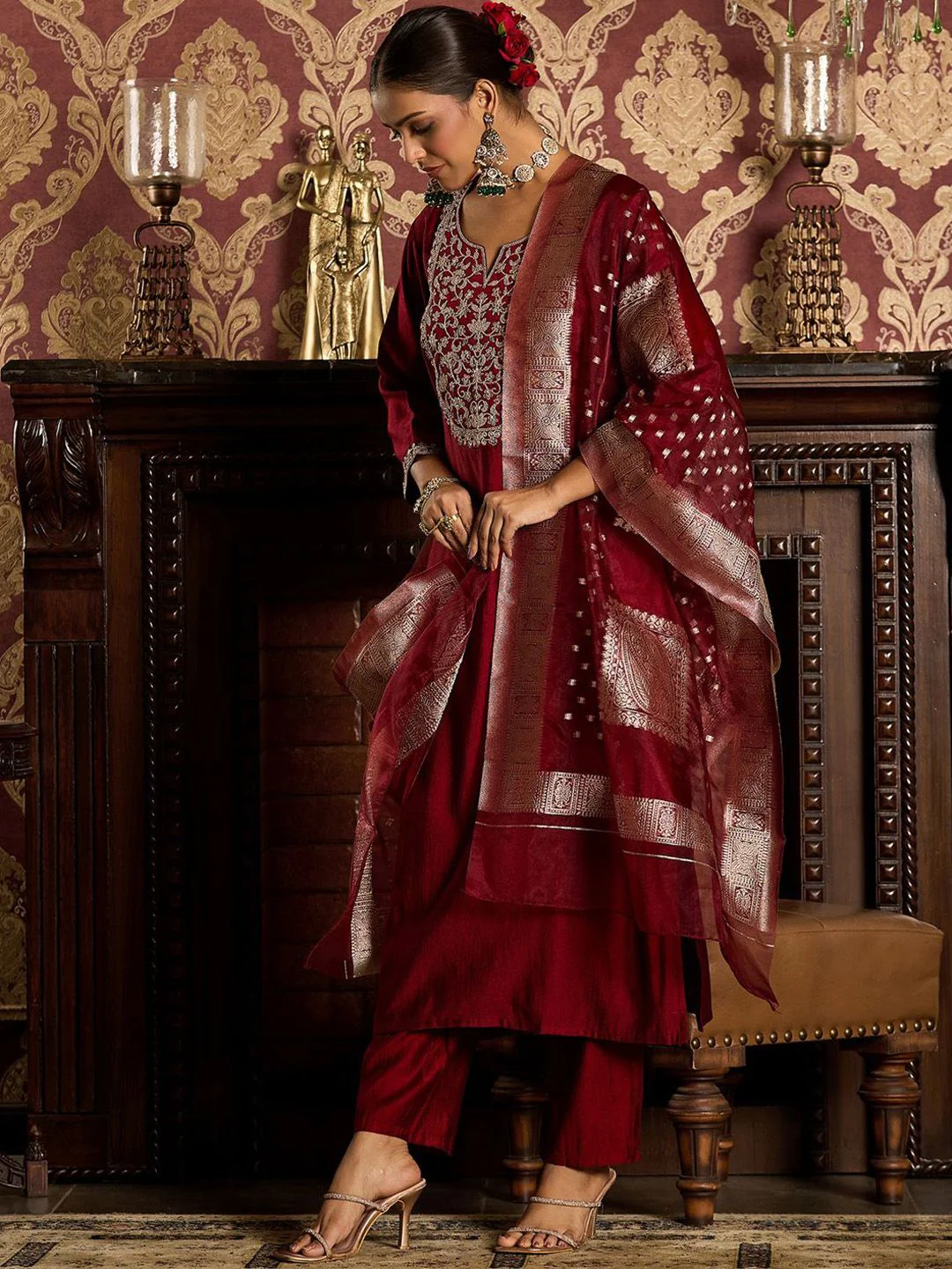 Indo Era Ethnic Motifs Zari Embroidered Liva Kurta with Trouser & Dupatta - Image 6
