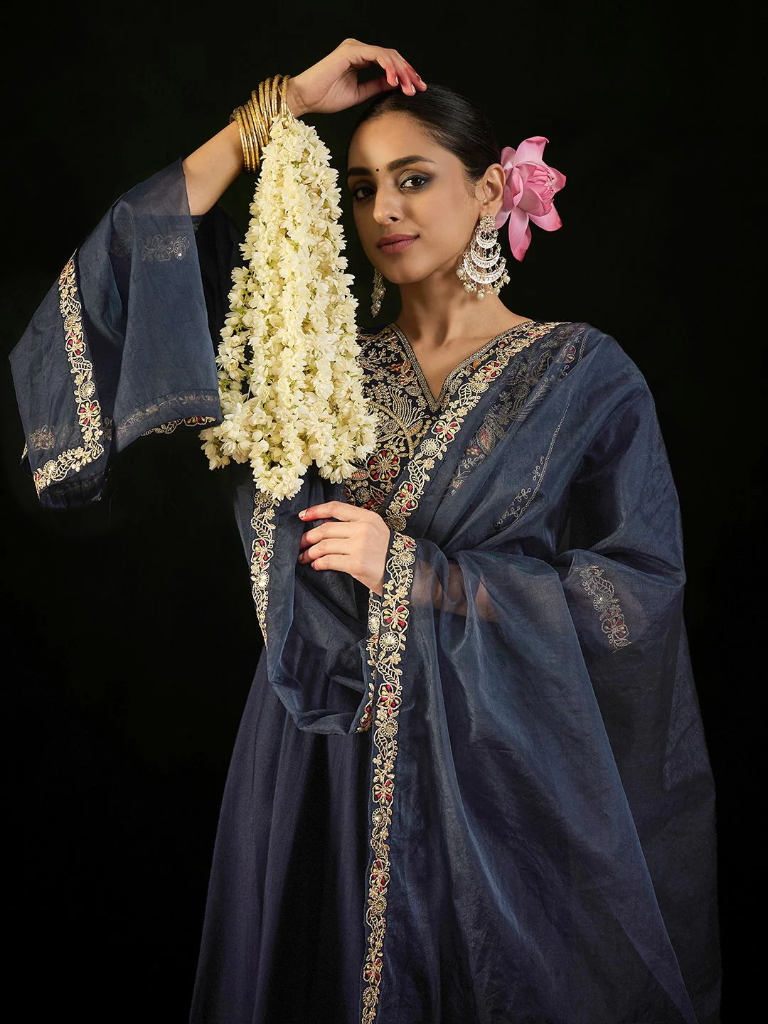 Indo Era Floral Embroidered Empire Liva Kurta with Trousers & Dupatta - Image 3