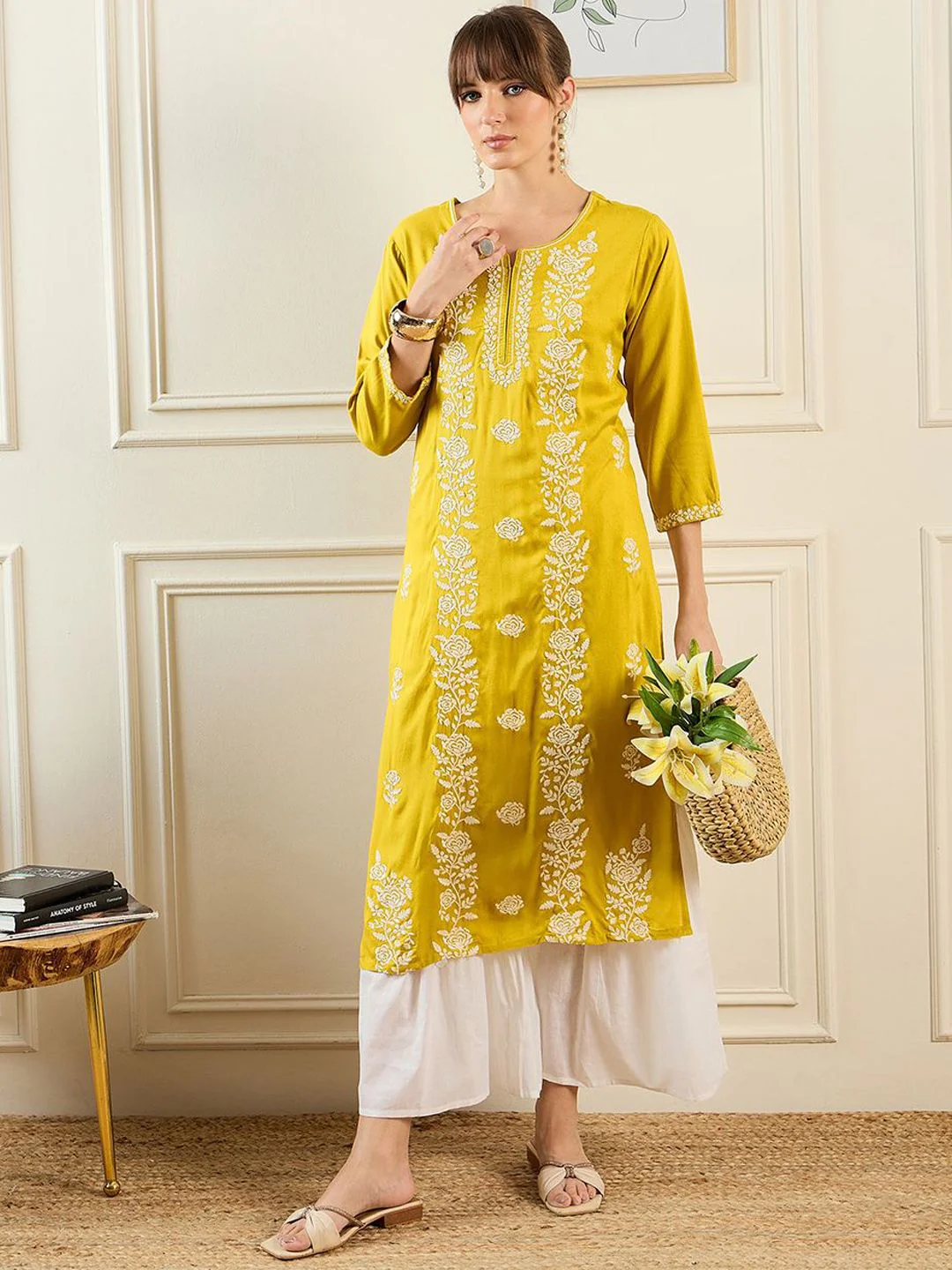 Indo Era Floral Embroidered Notch Neck Thread Work Straight Kurta - Image 6