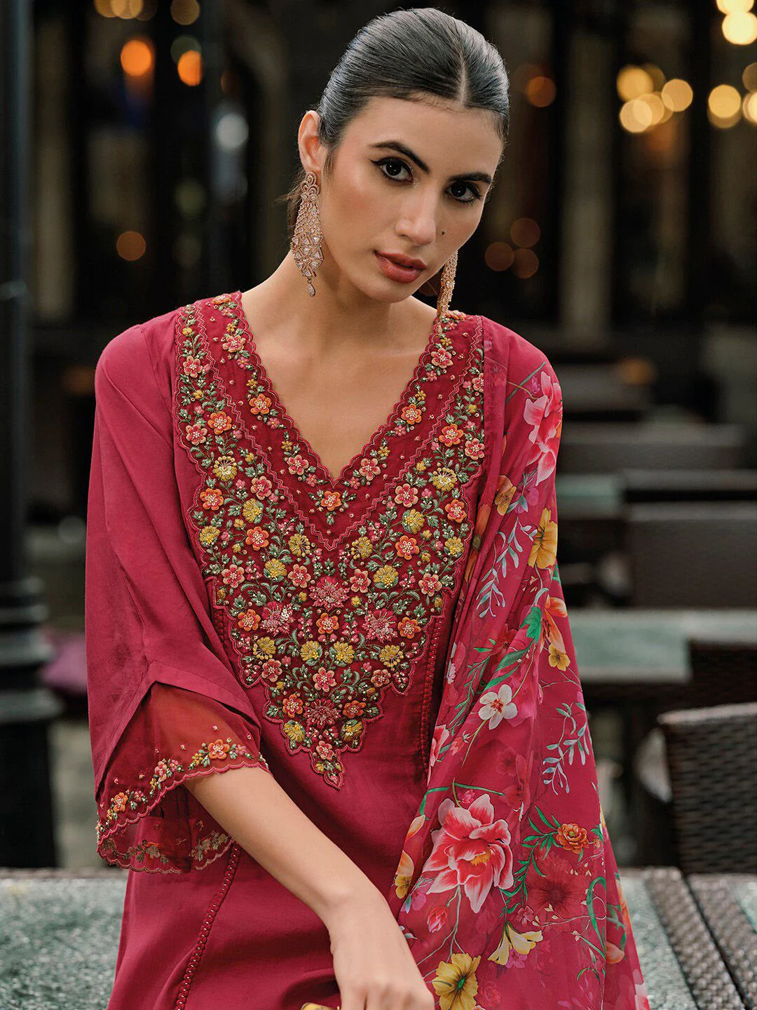 Indo Era Floral Embroidered Panelled Thread Work A-Line Kurta With Trousers & Dupatta - Image 4