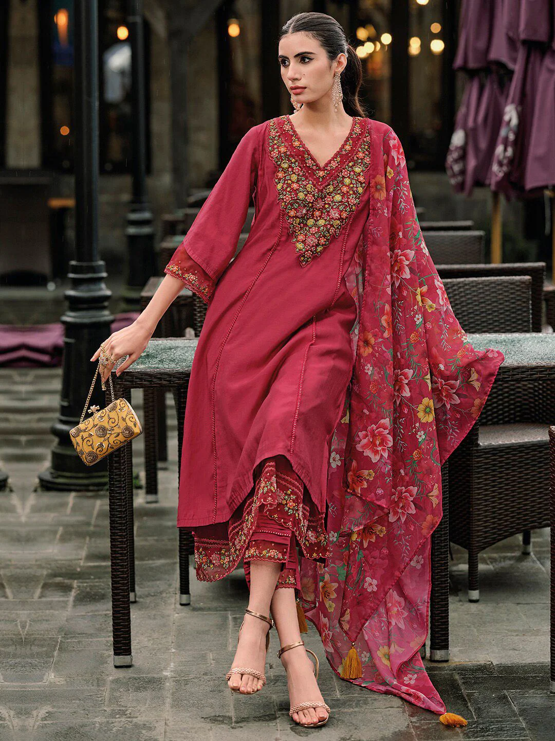 Indo Era Floral Embroidered Panelled Thread Work A-Line Kurta With Trousers & Dupatta - Image 5