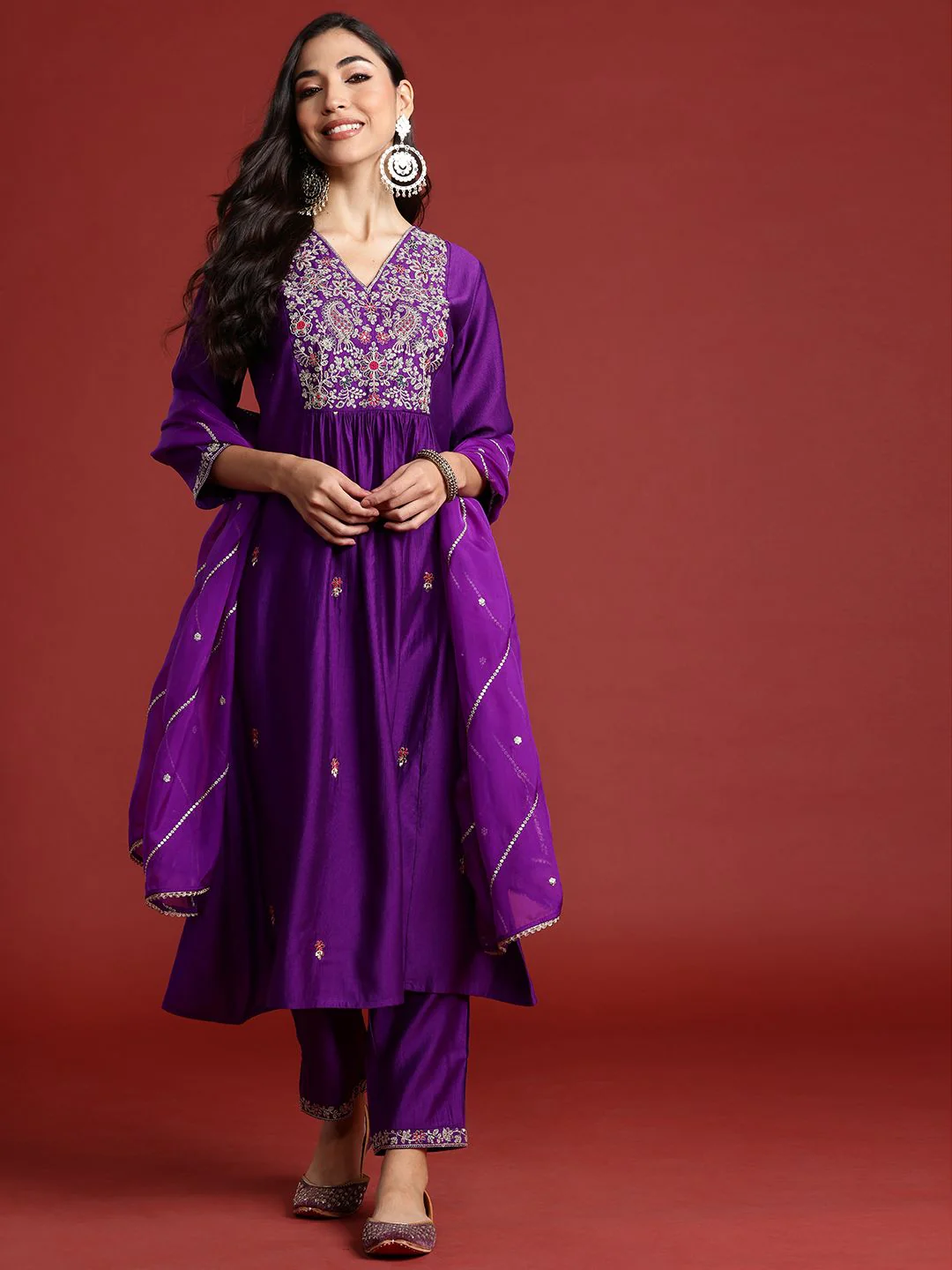 Indo Era Floral Embroidered Pleated Aari Work Liva Kurta With Trousers & Dupatta - Image 4