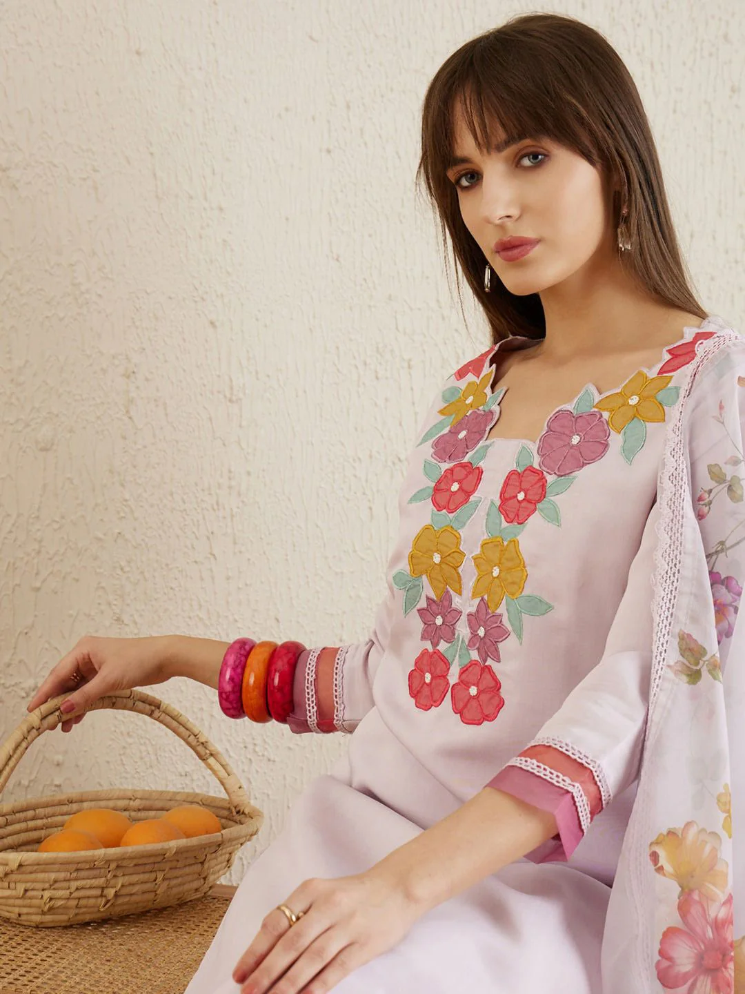 Indo Era Floral Embroidered Regular Patchwork Kurta with Trousers & Dupatta - Image 2