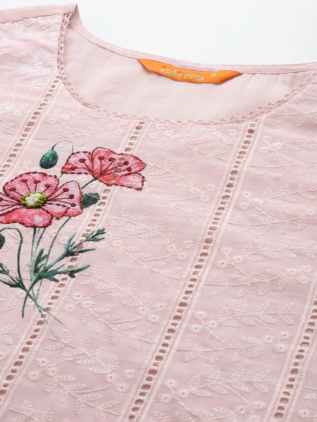 Indo Era Floral Embroidered Regular Thread Work Pure Cotton Kurta With Trousers & Dupatta - Image 2