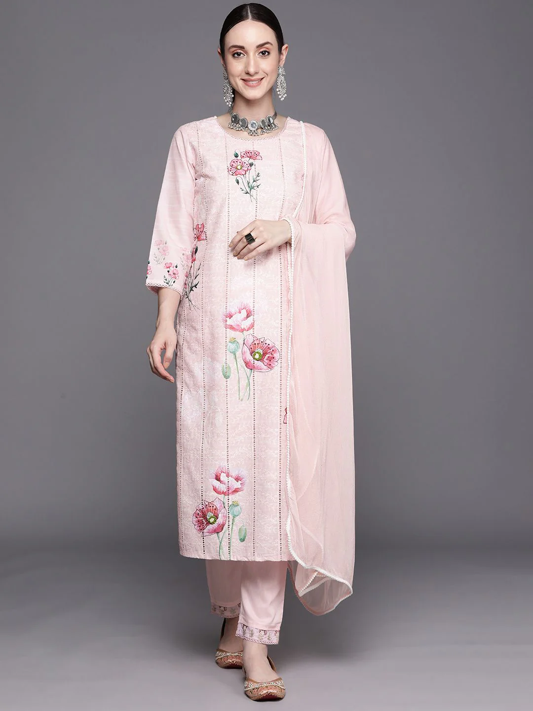 Indo Era Floral Embroidered Regular Thread Work Pure Cotton Kurta With Trousers & Dupatta - Image 4