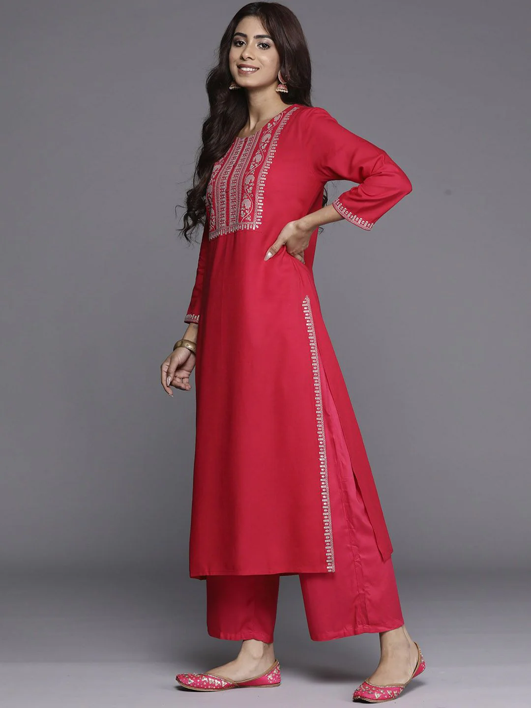Indo Era Floral Embroidered Round Neck  Sequins Straight Kurta - Image 3