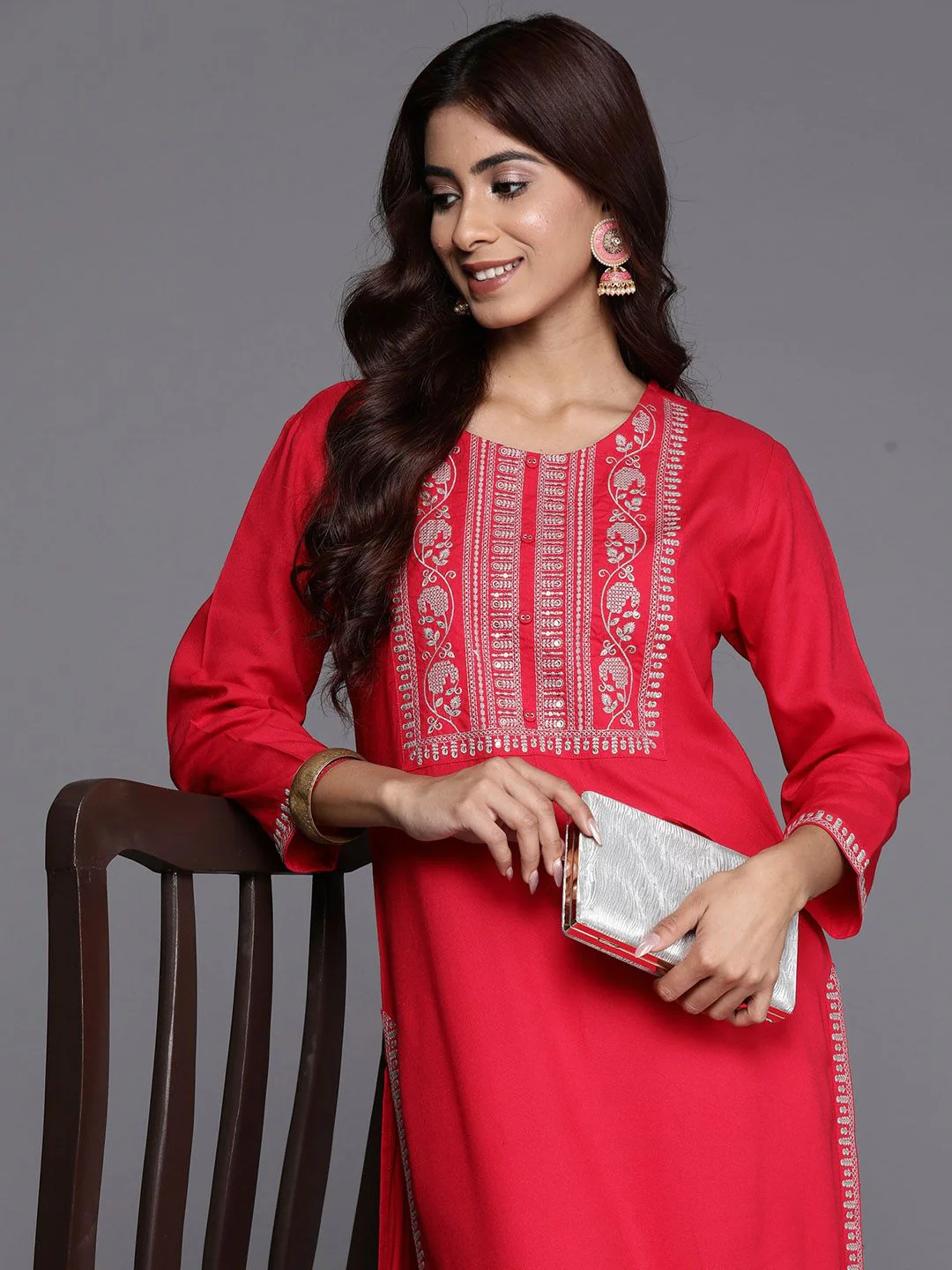 Indo Era Floral Embroidered Round Neck  Sequins Straight Kurta - Image 4