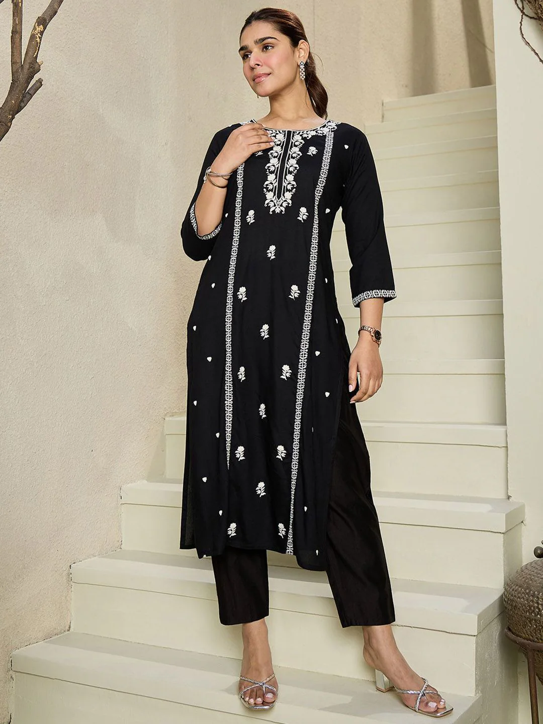Indo Era Floral Embroidered Round Neck Straight Kurta - Image 2