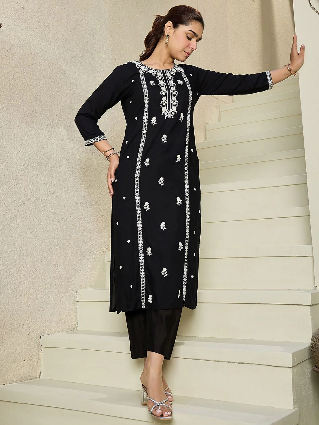 Indo Era Floral Embroidered Round Neck Straight Kurta - Image 6