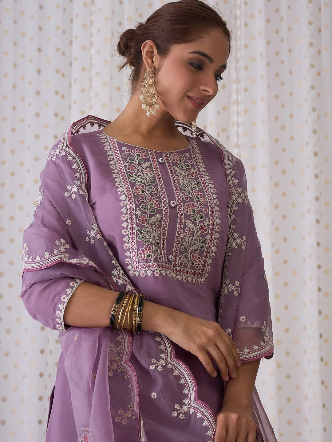 Indo Era Floral Embroidered Round Neck Thread Work Kurta with Trousers & Dupatta