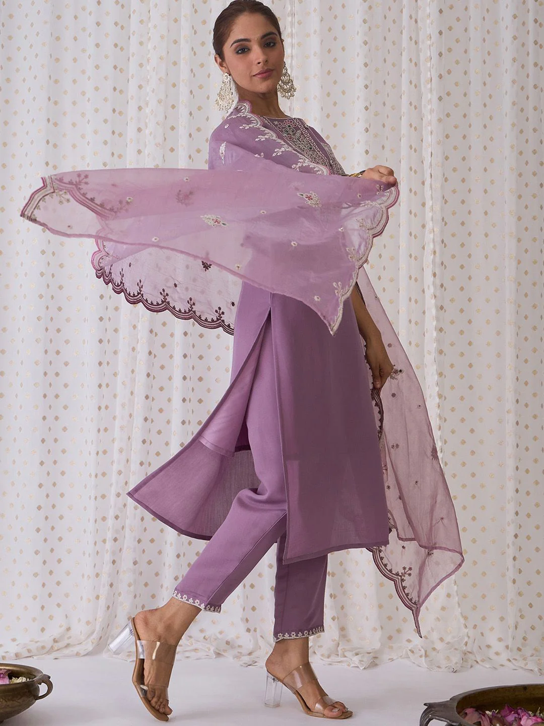 Indo Era Floral Embroidered Round Neck Thread Work Kurta with Trousers & Dupatta - Image 4
