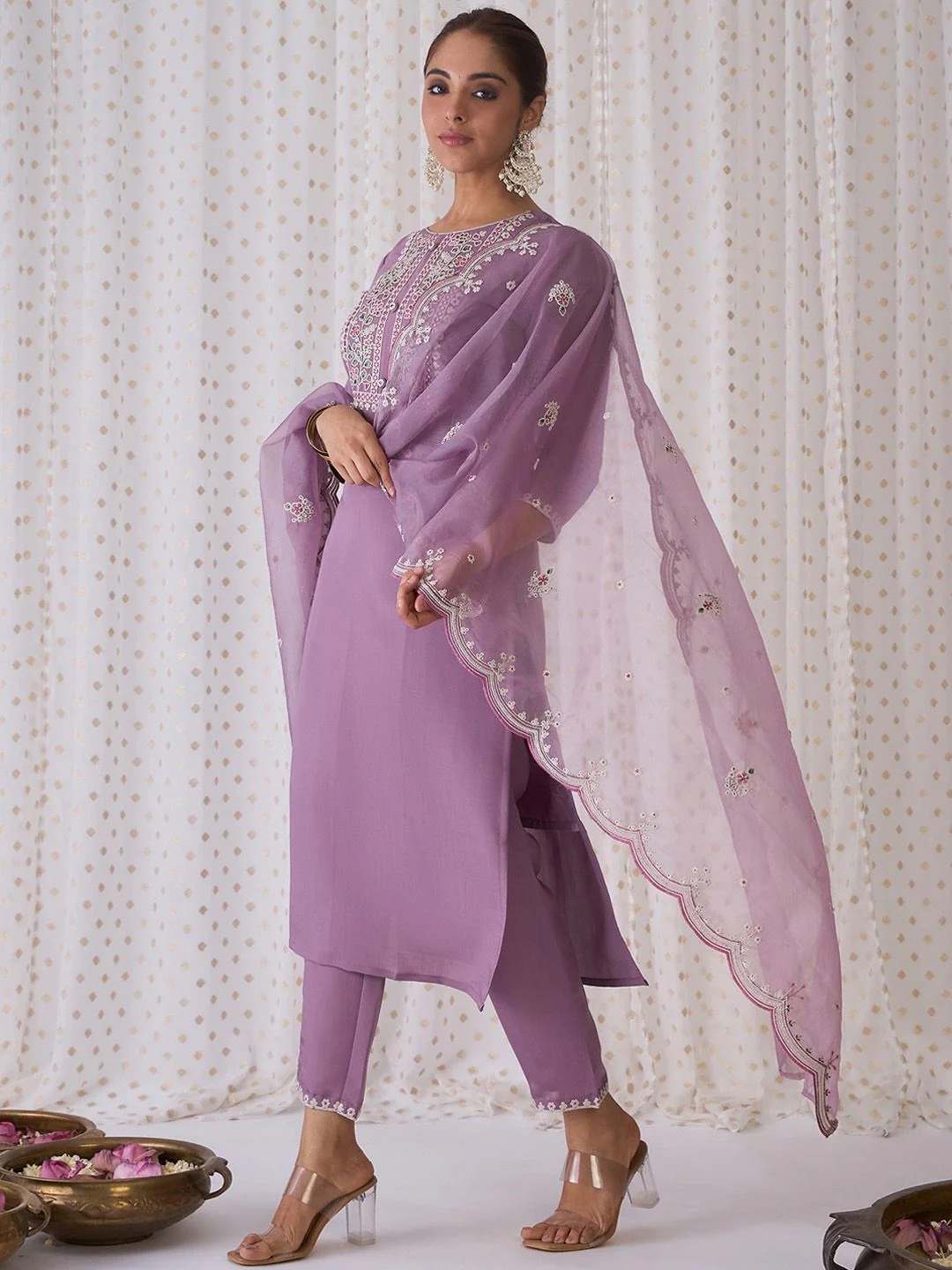 Indo Era Floral Embroidered Round Neck Thread Work Kurta with Trousers & Dupatta - Image 7