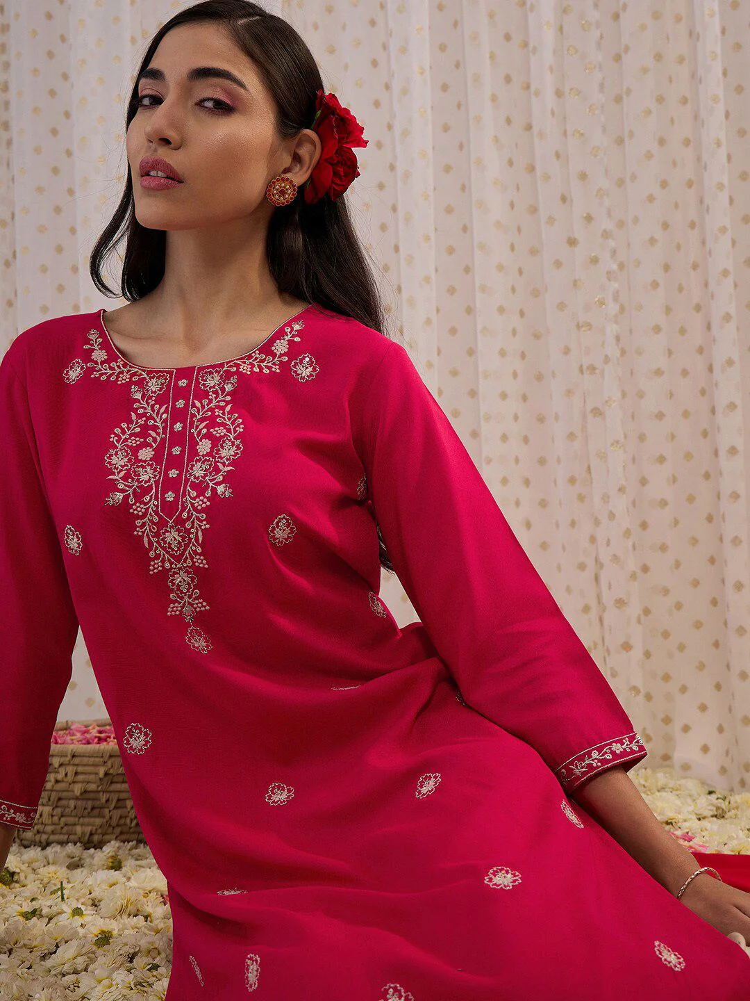 Indo Era Floral Embroidered Round Neck Three-Quarter Sleeves Floral Kurta - Image 3