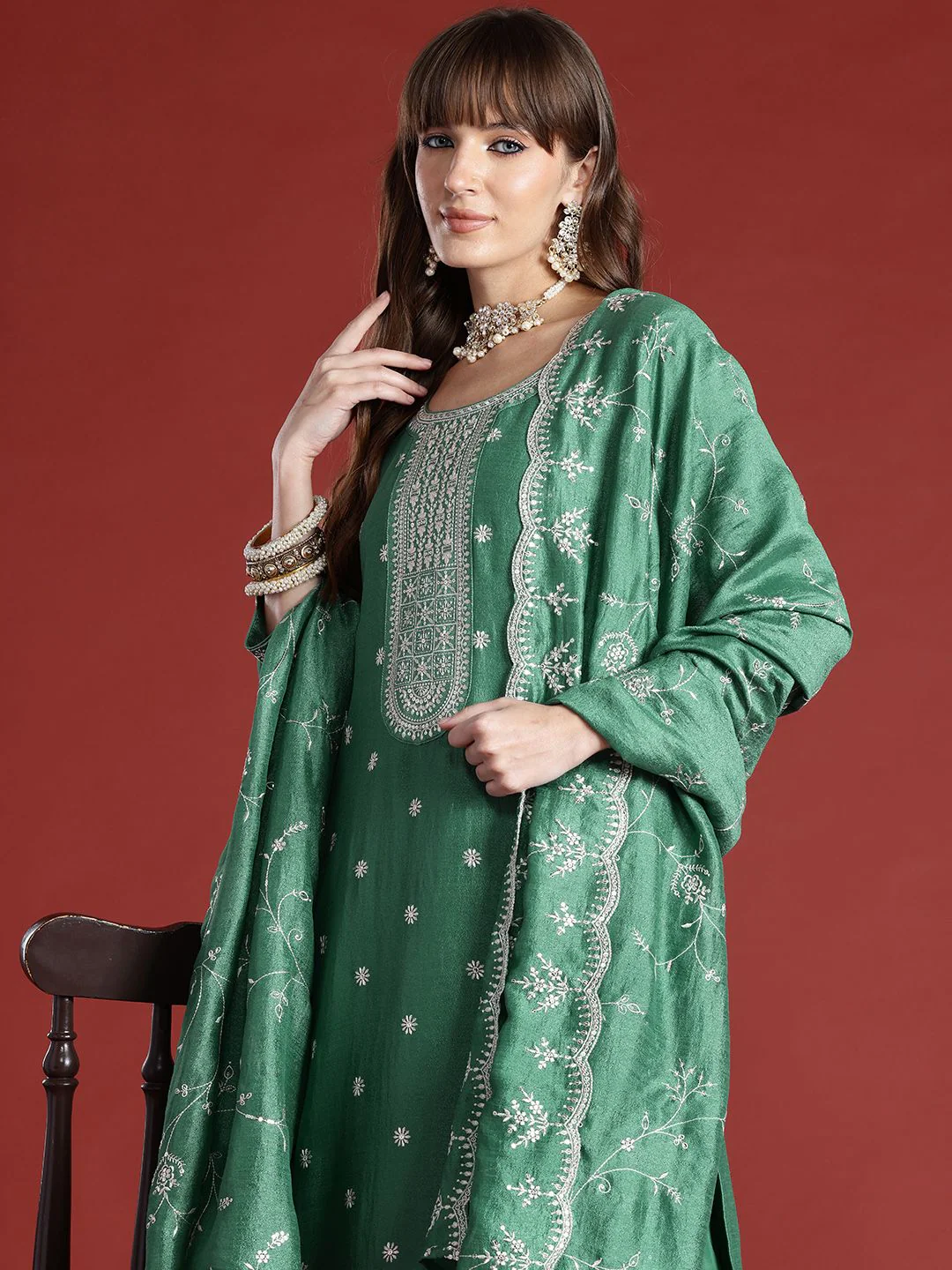 Indo Era Floral Embroidered Sequinned Kurta with Trousers & With Dupatta