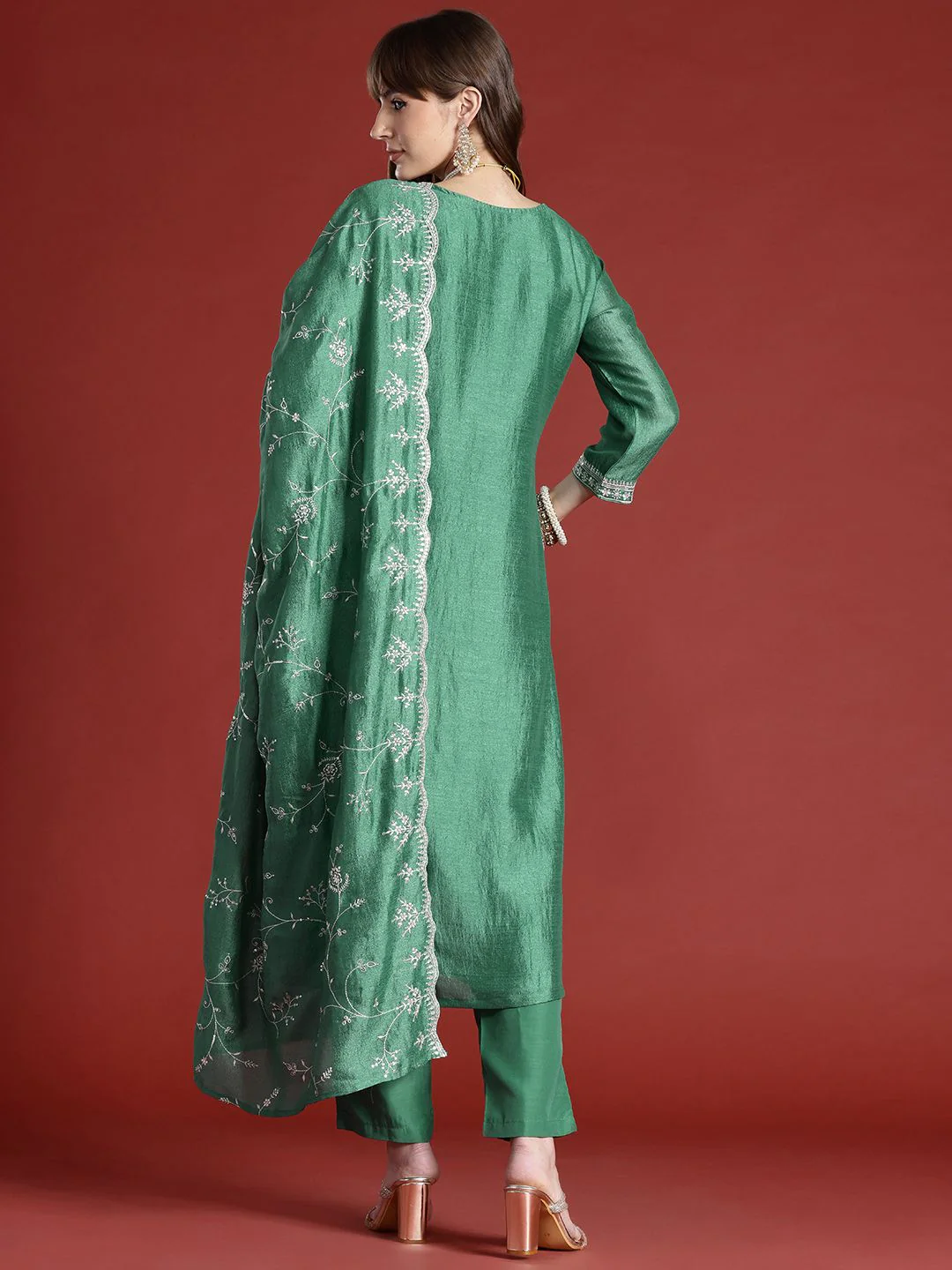 Indo Era Floral Embroidered Sequinned Kurta with Trousers & With Dupatta - Image 7