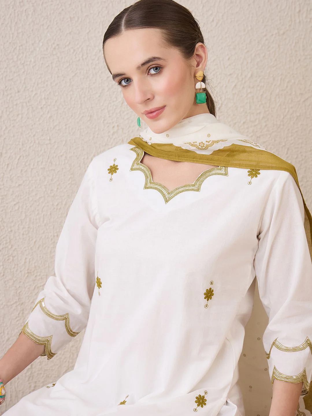 Indo Era Floral Embroidered Sequinned Pure Cotton Straight Kurta With Trousers & Dupatta