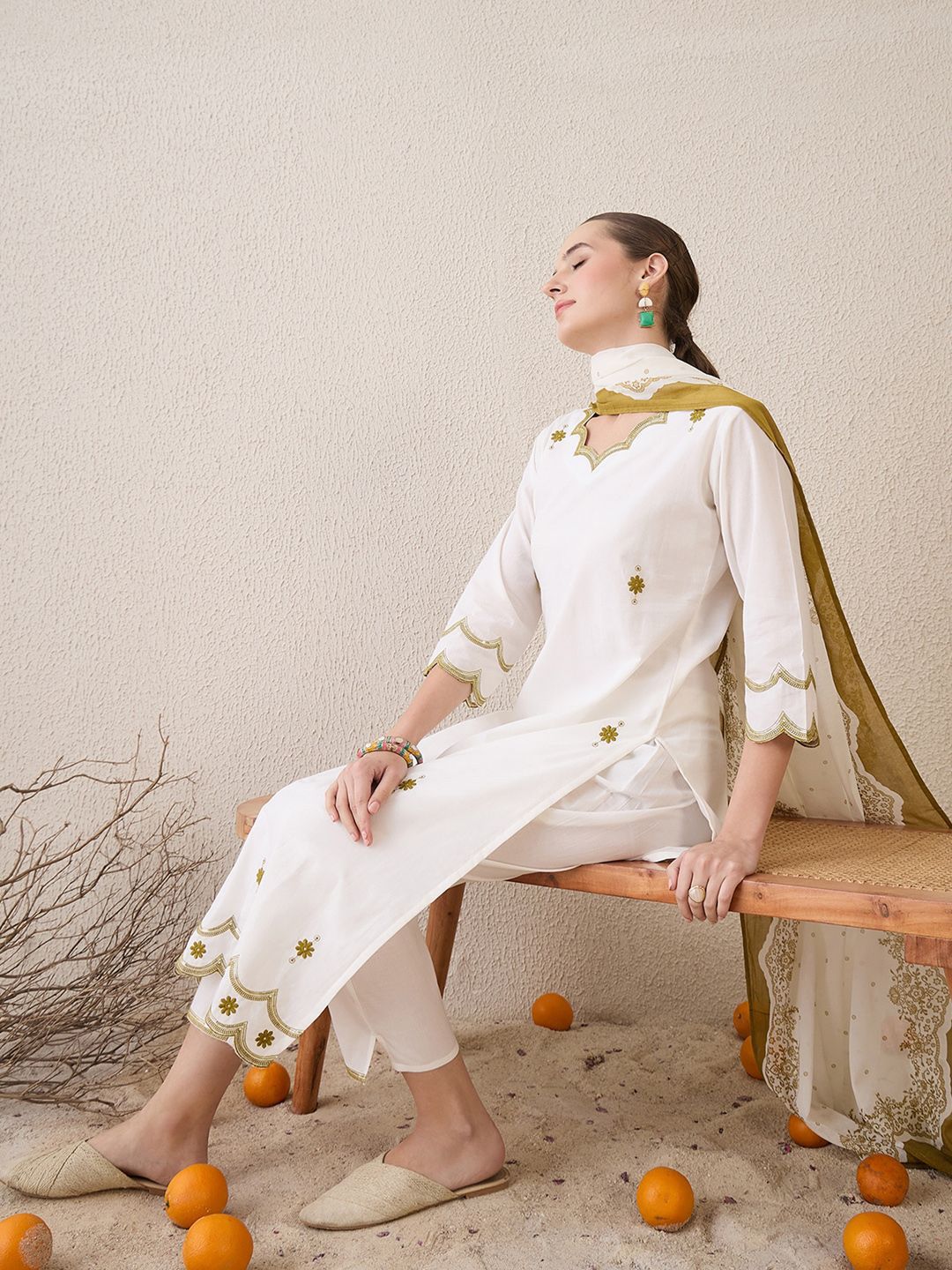 Indo Era Floral Embroidered Sequinned Pure Cotton Straight Kurta With Trousers & Dupatta - Image 7