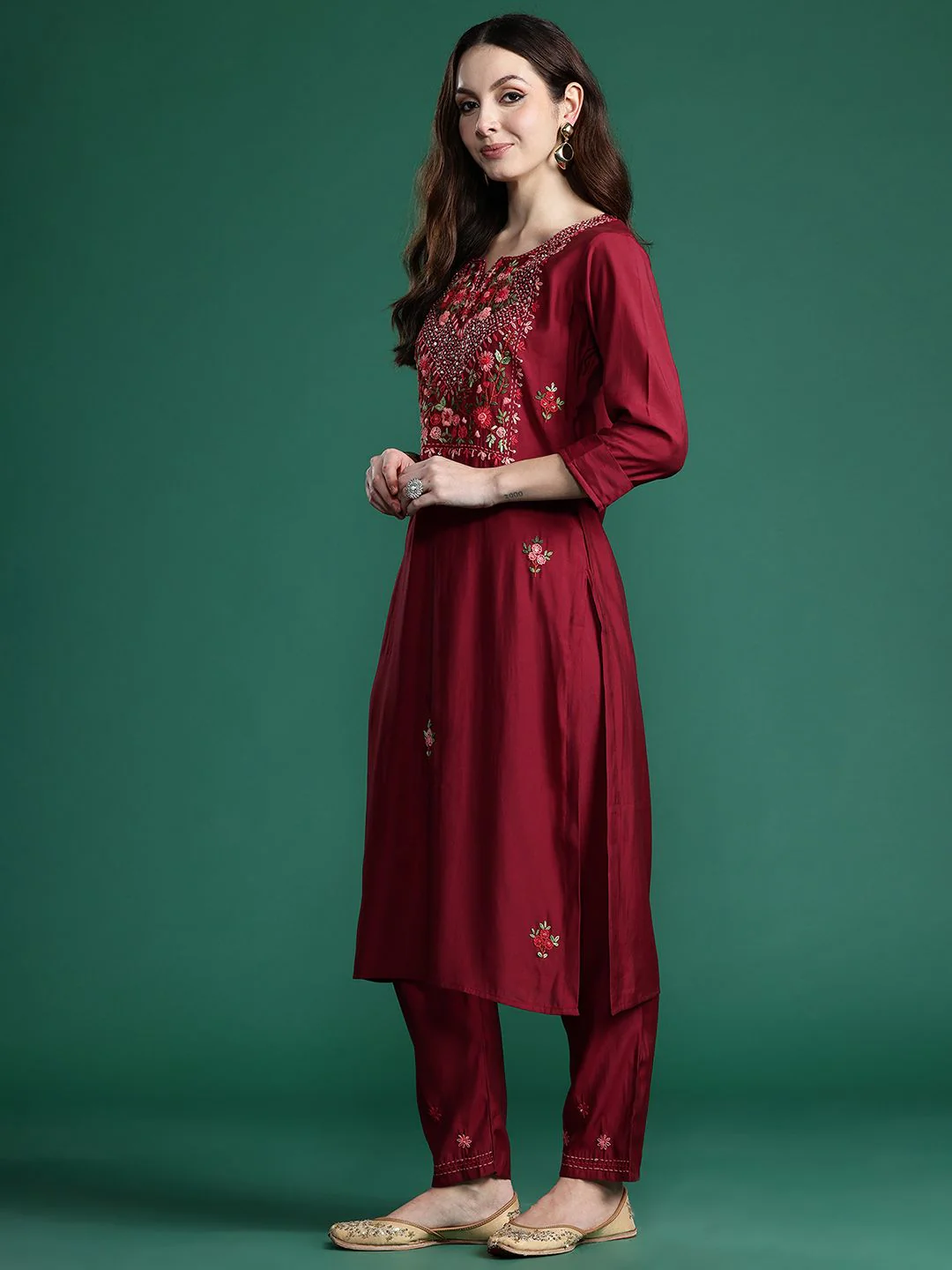 Indo Era Floral Embroidered Thread Work Kurta with Trousers & With Dupatta - Image 6