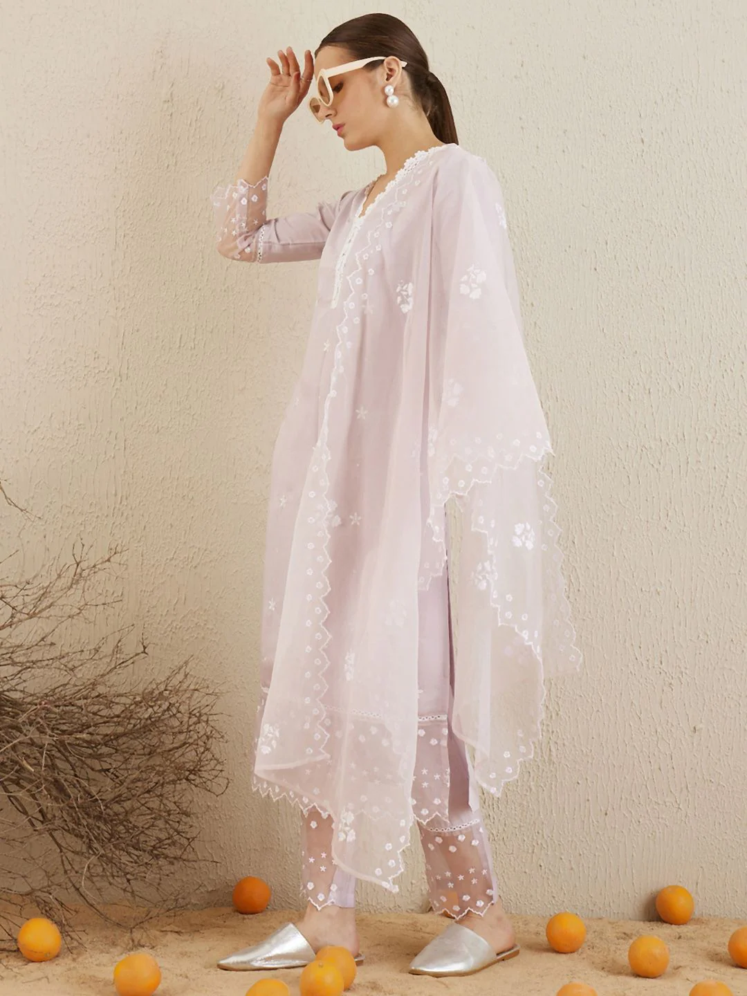 Indo Era Floral Embroidered V-Neck Thread Work Kurta with Trousers & With Dupatta - Image 3