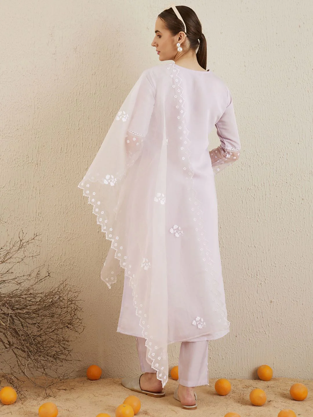 Indo Era Floral Embroidered V-Neck Thread Work Kurta with Trousers & With Dupatta - Image 5