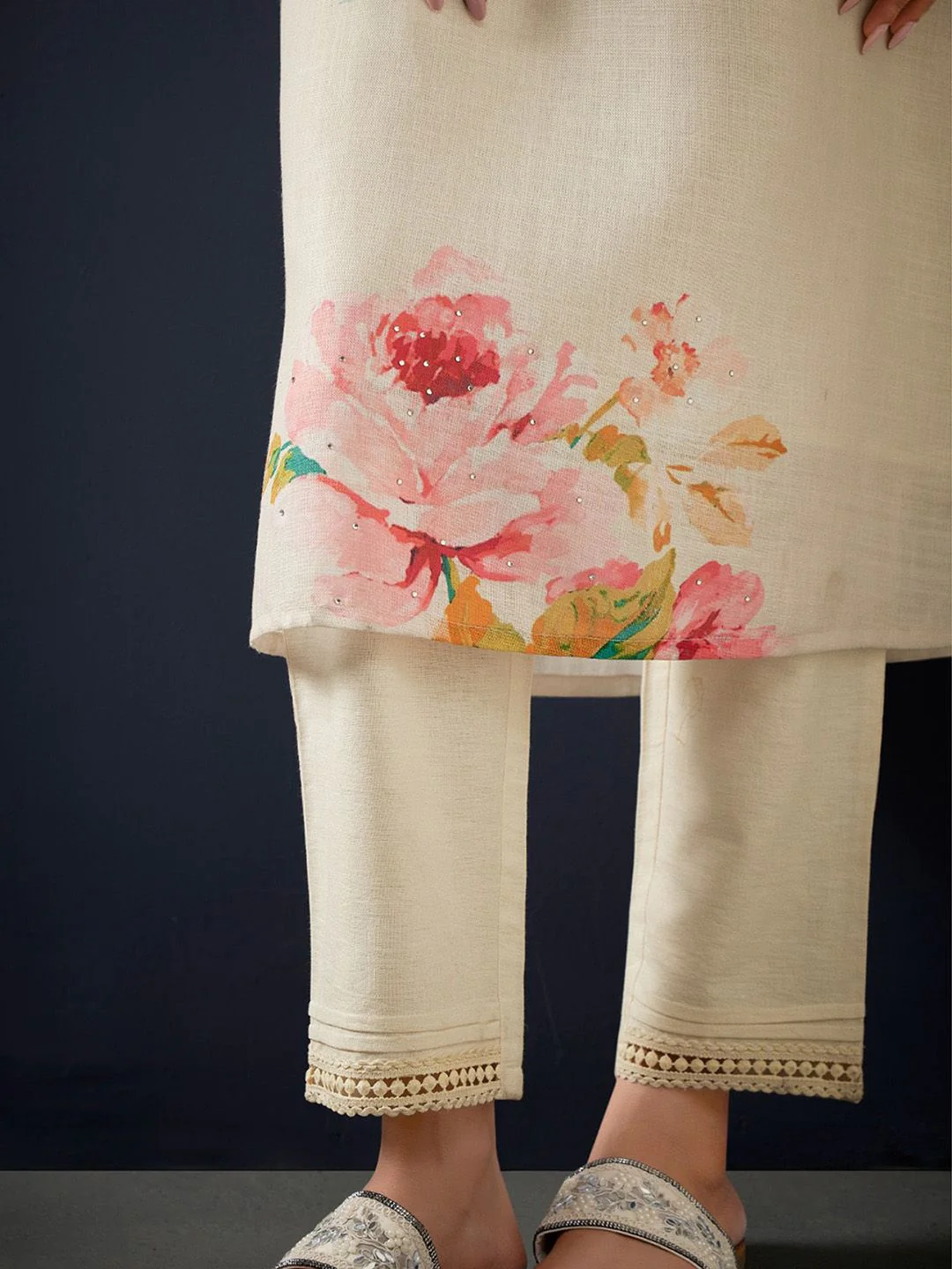 Indo Era Floral Printed Beads and Stones Linen Straight Kurta with Trousers & Dupatta - Image 6