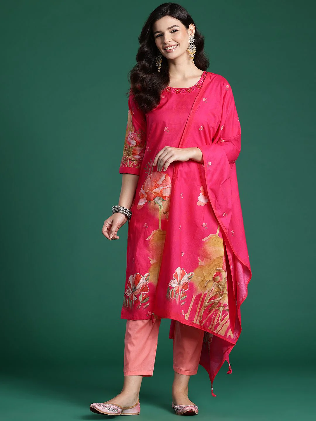 Indo Era Floral Printed Beads & Stones Pure Cotton Kurta With Trousers & Dupatta - Image 4