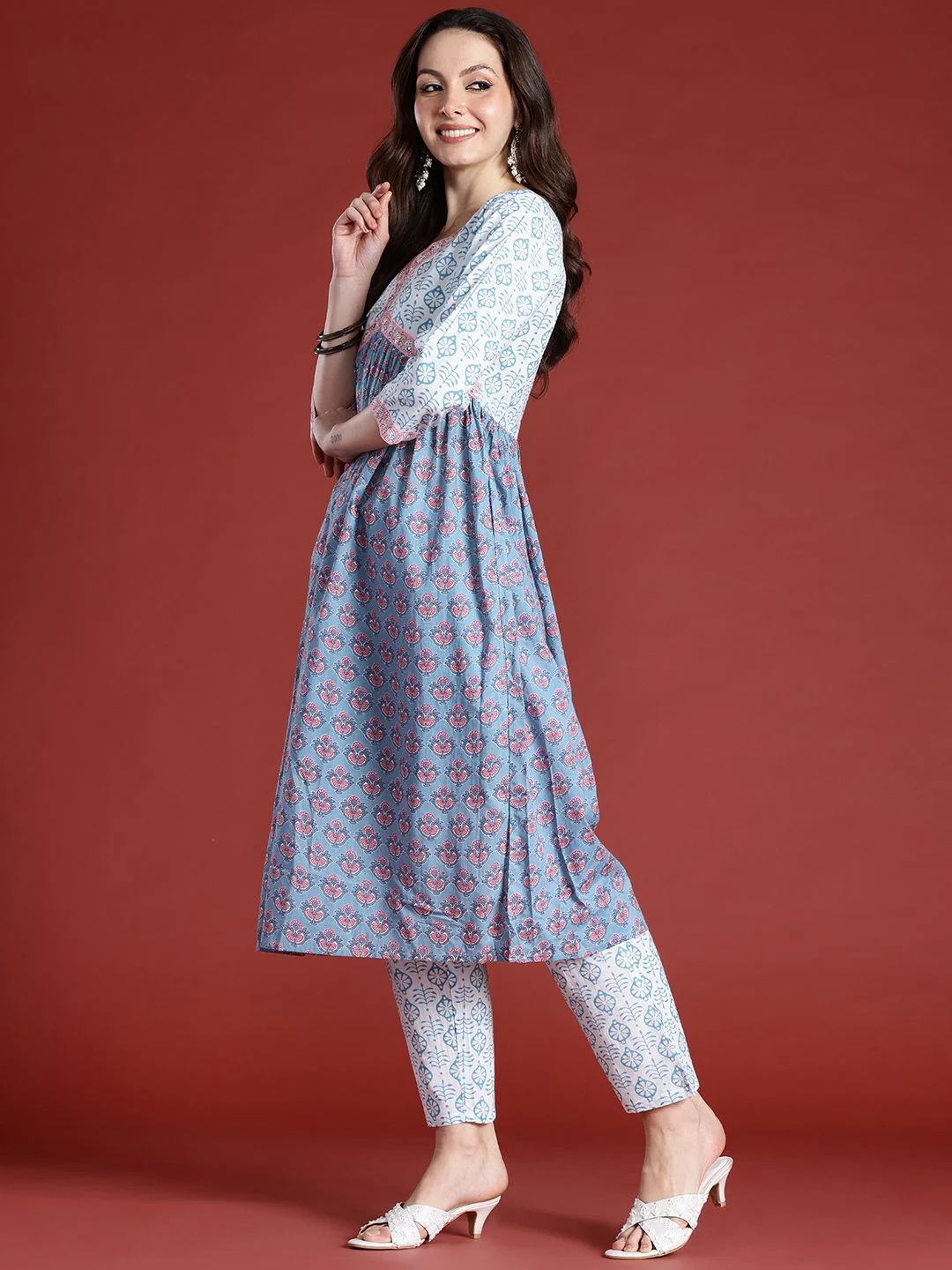 Indo Era Floral Printed Empire Beads and Stones Pure Cotton Kurta with Trousers & Dupatta - Image 4